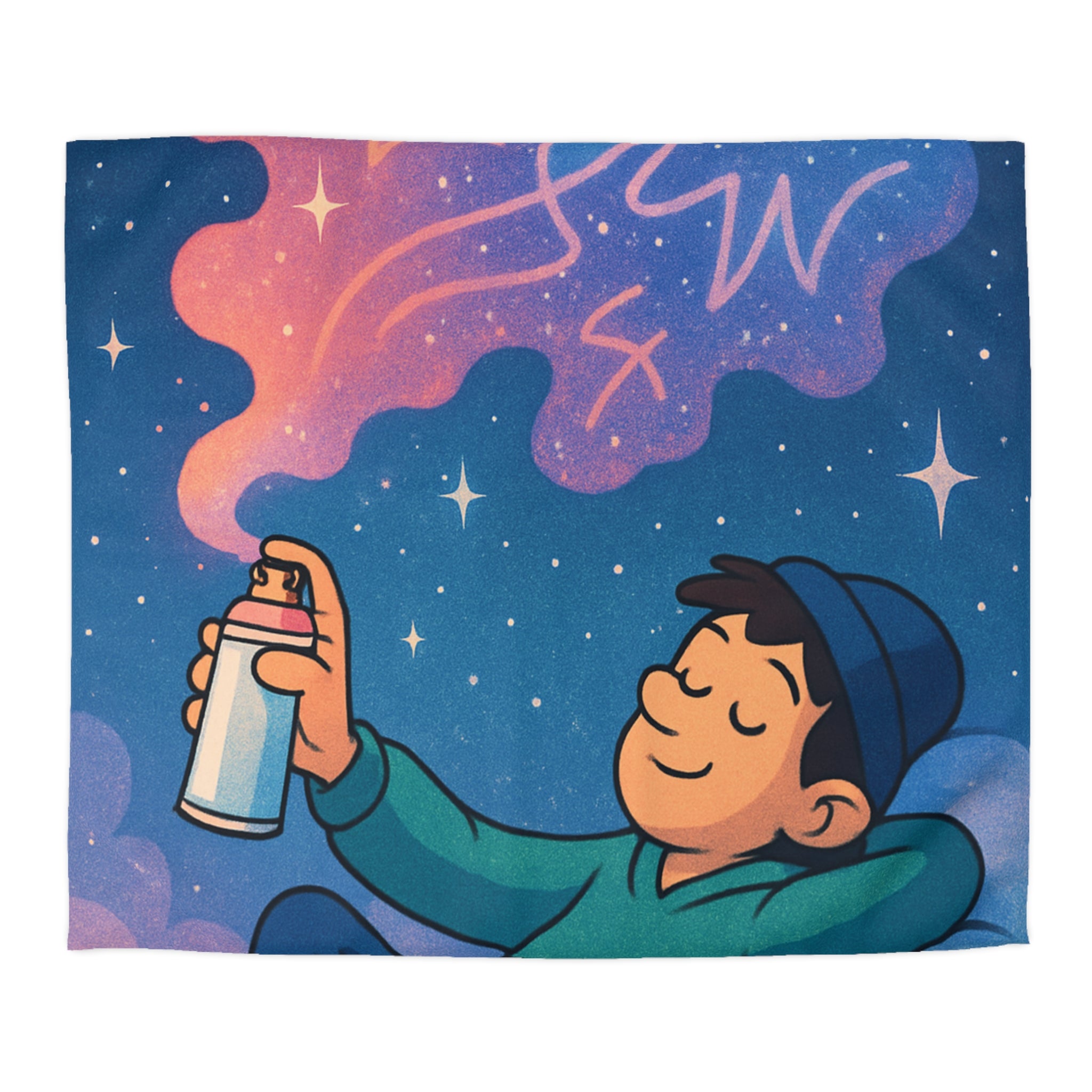 Housse de couette rêve étoilé avec jeune garçon et spray cosmique coloré