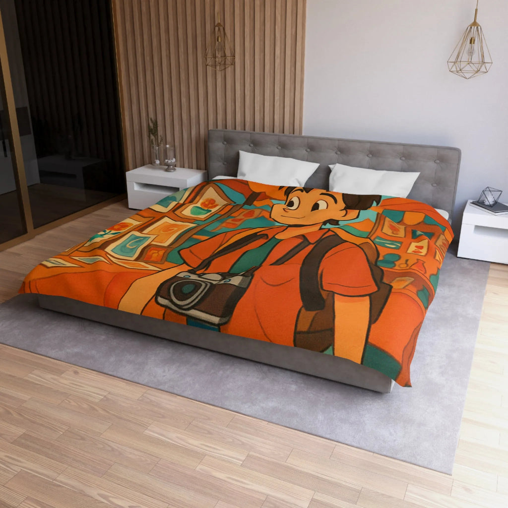 Housse de couette animée avec jeune explorateur et marché aux lanternes colorées