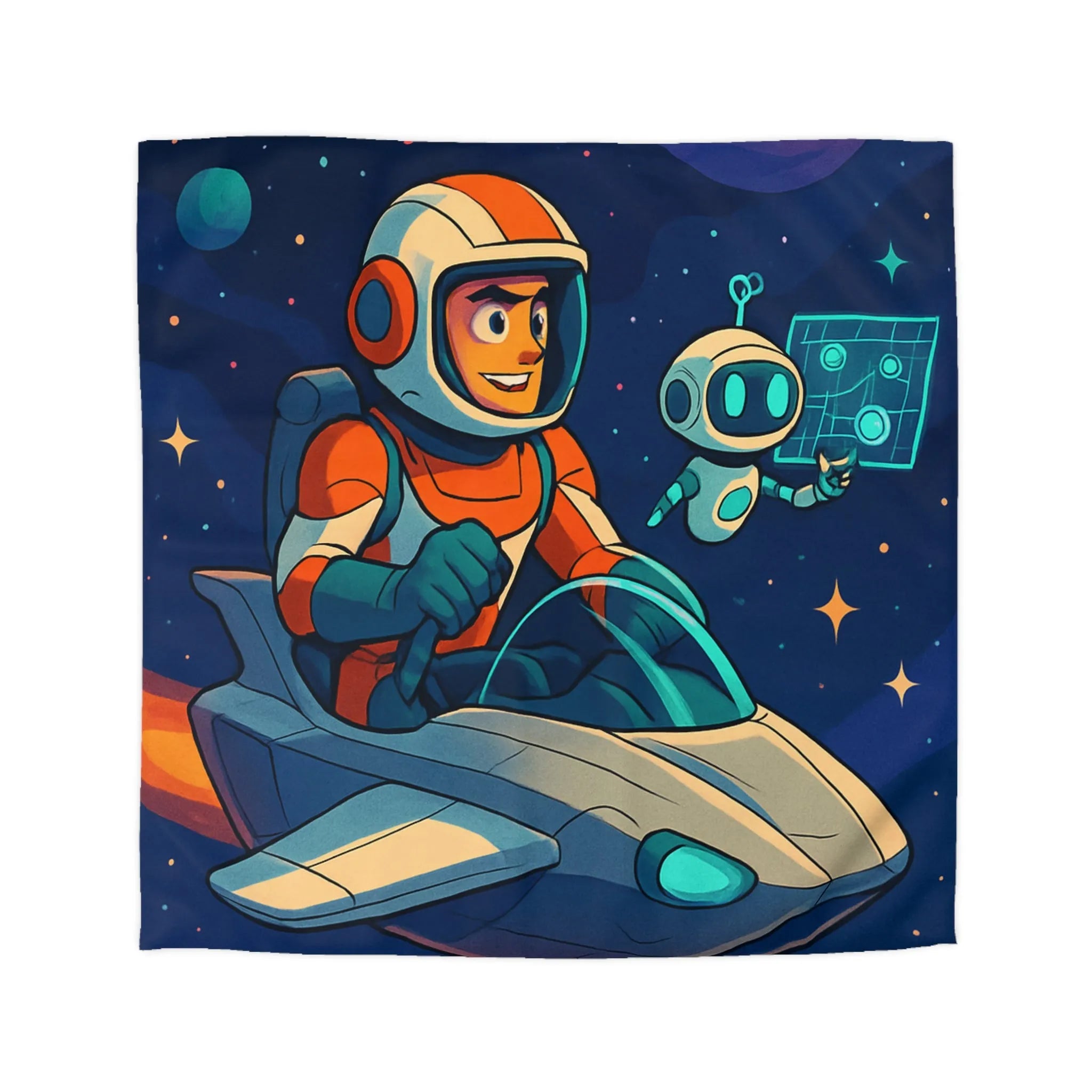 Housse De Couette Espace Enfant Avec Astronaute Et Petit Robot Amical Dessin Animé