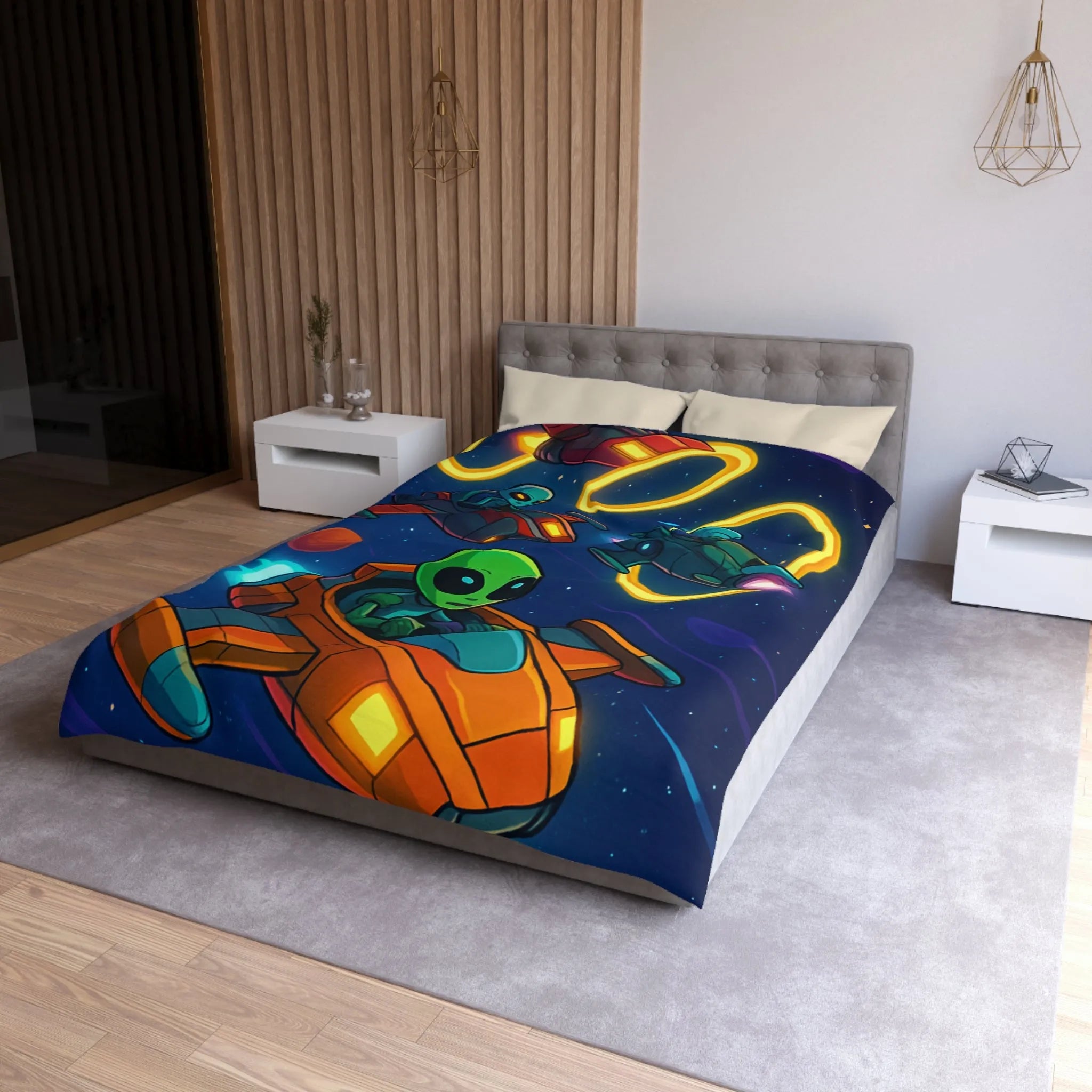 Housse de Couette avec Motifs d'Aliens en Course Spatiale et Anneaux Lumineux