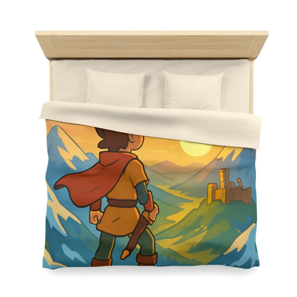 Housse de couette avec paysage montagneux, jeune aventurier et châteaux au coucher de soleil
