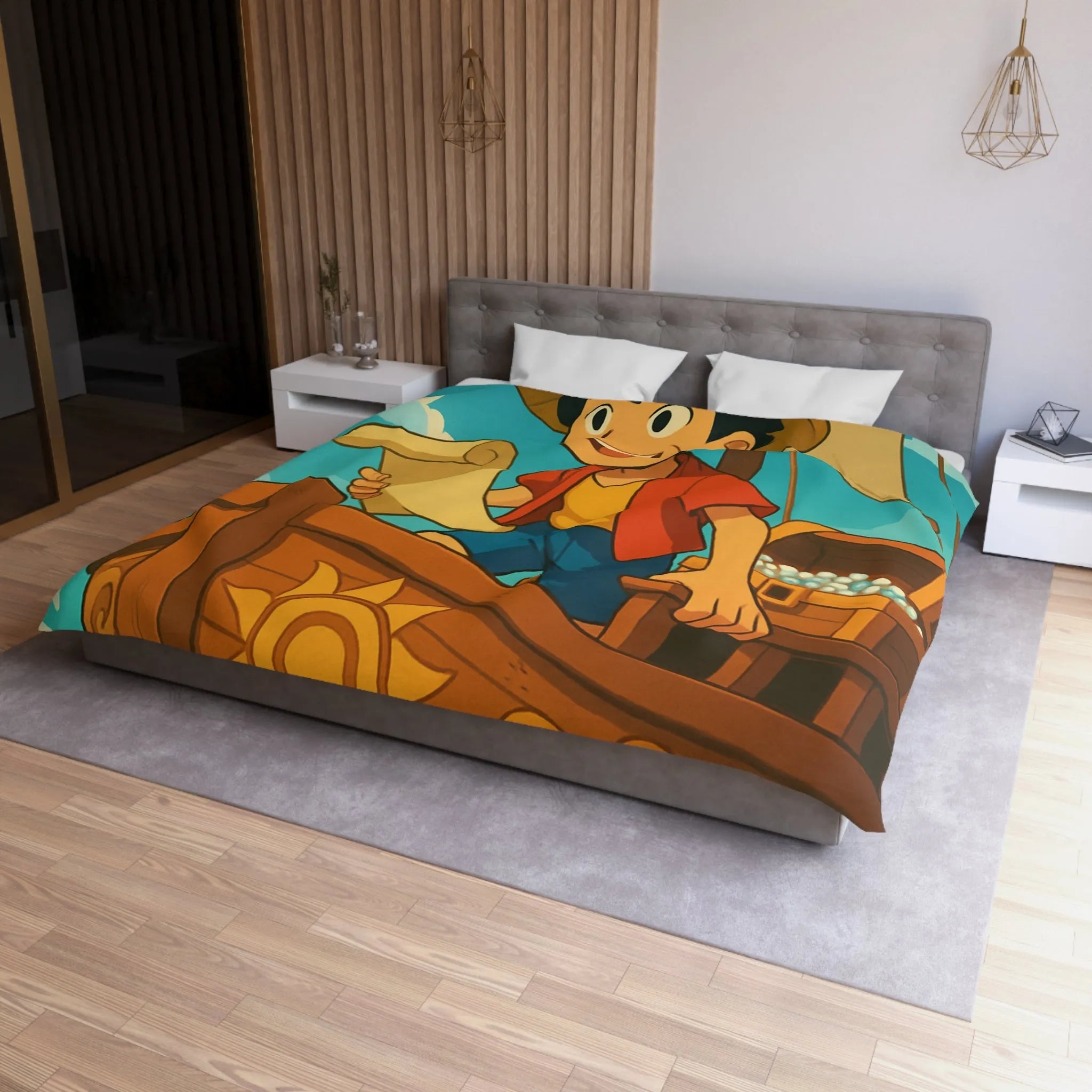 Douce housse de couette enfant motif pirate joyeux en bateau sur vagues bleues