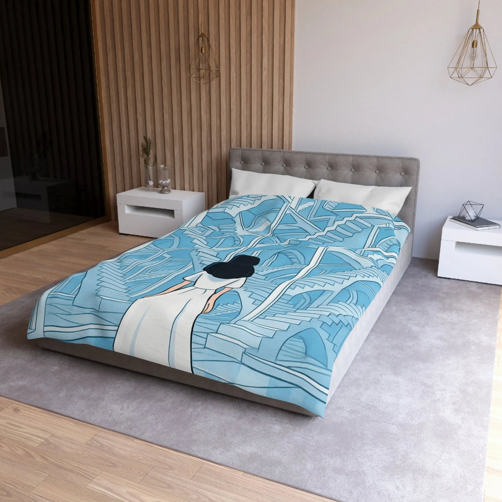 Housse de couette escalier infini en bleu avec femme en robe blanche contemporaine