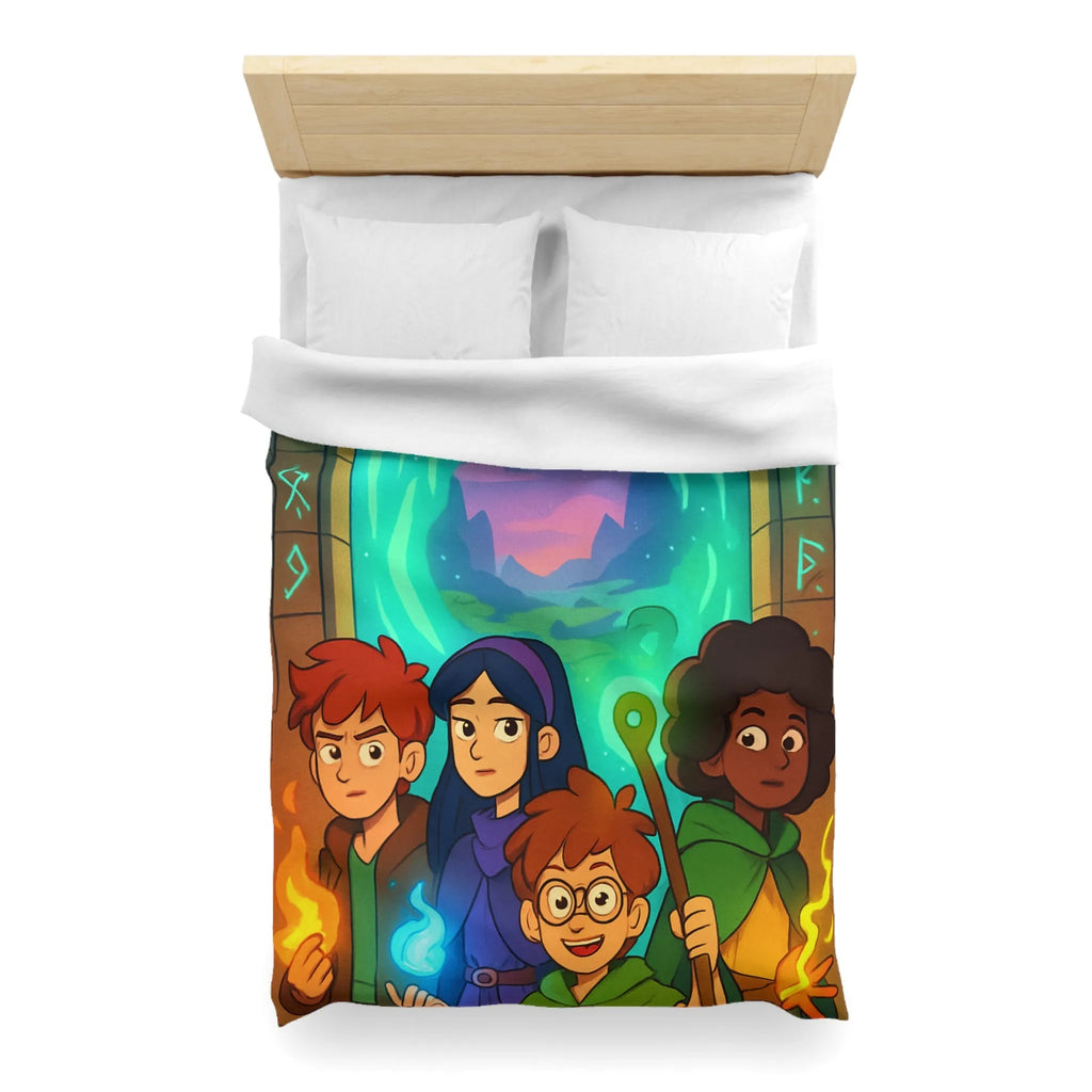 Housse de couette magique avec aventuriers devant portail et runes lumineuses