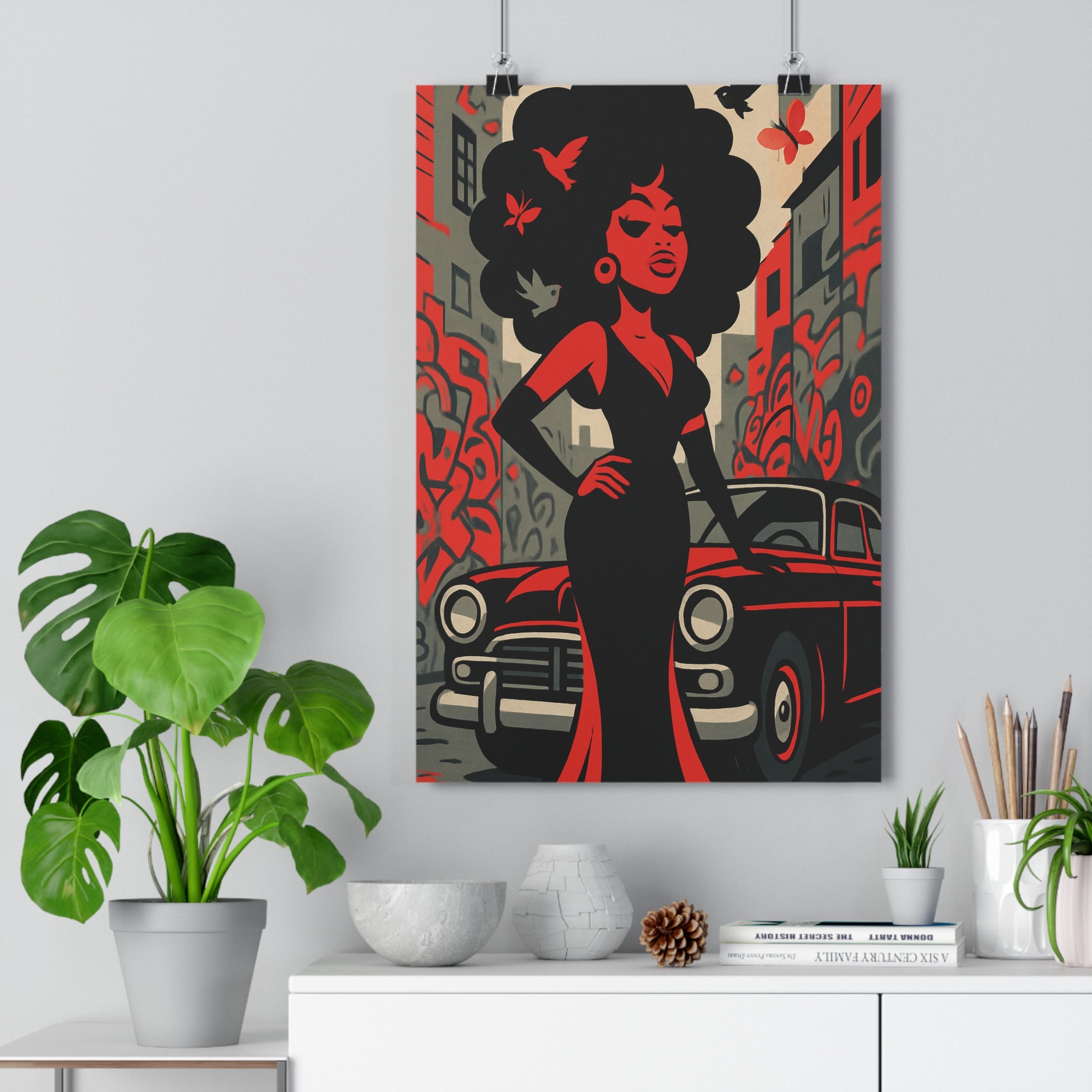 Poster décoratif moderne anime urbain femme rouge noir gris voiture graffiti ambiance unique qualité
