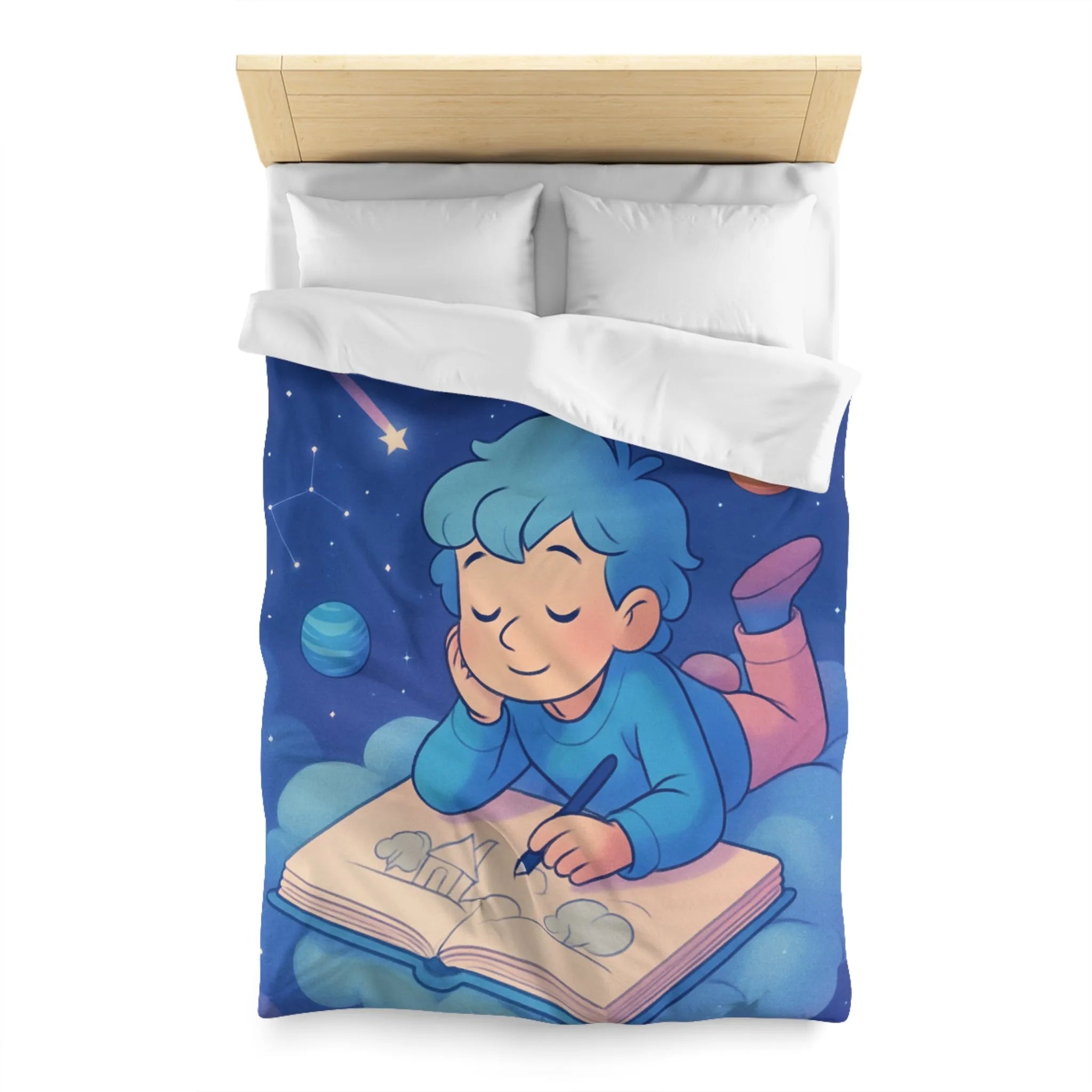 Housse de couette enfant rêve étoilé avec cosmos et garçon sur nuage