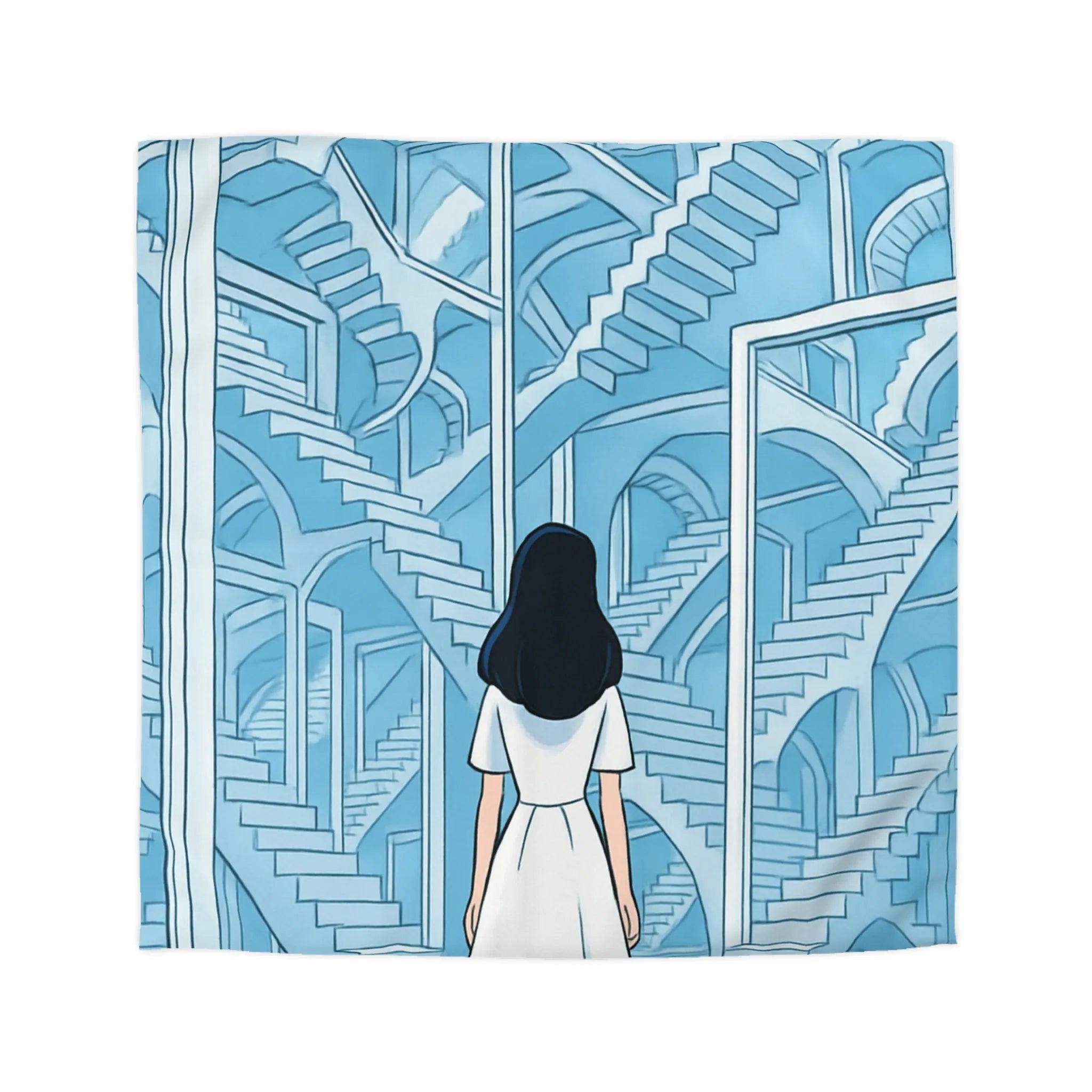 Housse de couette escalier infini en bleu avec femme en robe blanche contemporaine