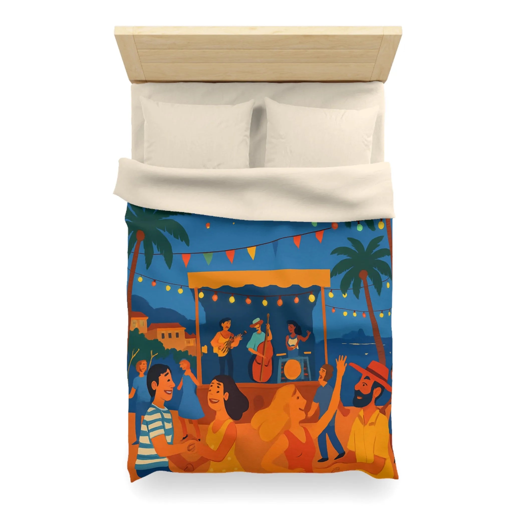 Housse de couette estivale scène festivale tropicale avec danseurs et lanternes lumineuses