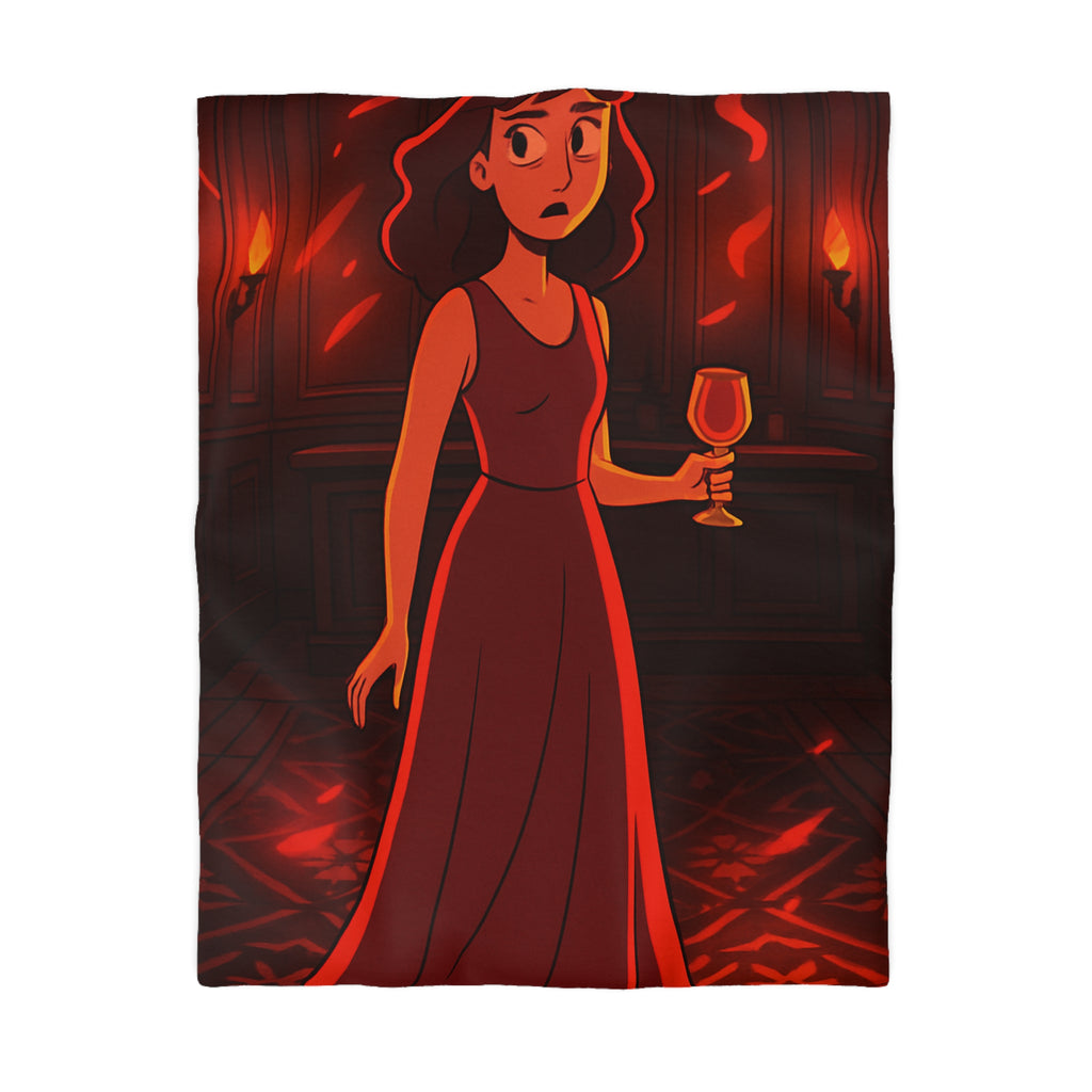 Housse de couette rouge élégante avec motif femme et reflets lumineux mystérieux