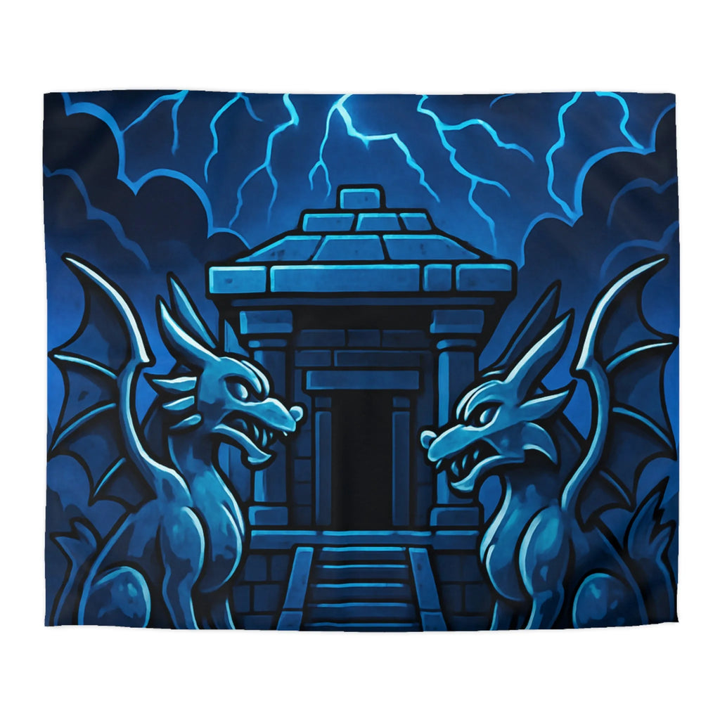 Housse de Couette Dragon Fantastique avec Temple Mystique sous Orage Nocturne en Sécurité