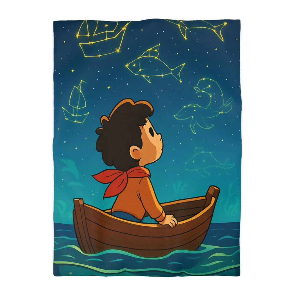 Enfant rêveur explorant les constellations marines lumineuses depuis un petit bateau paisible
