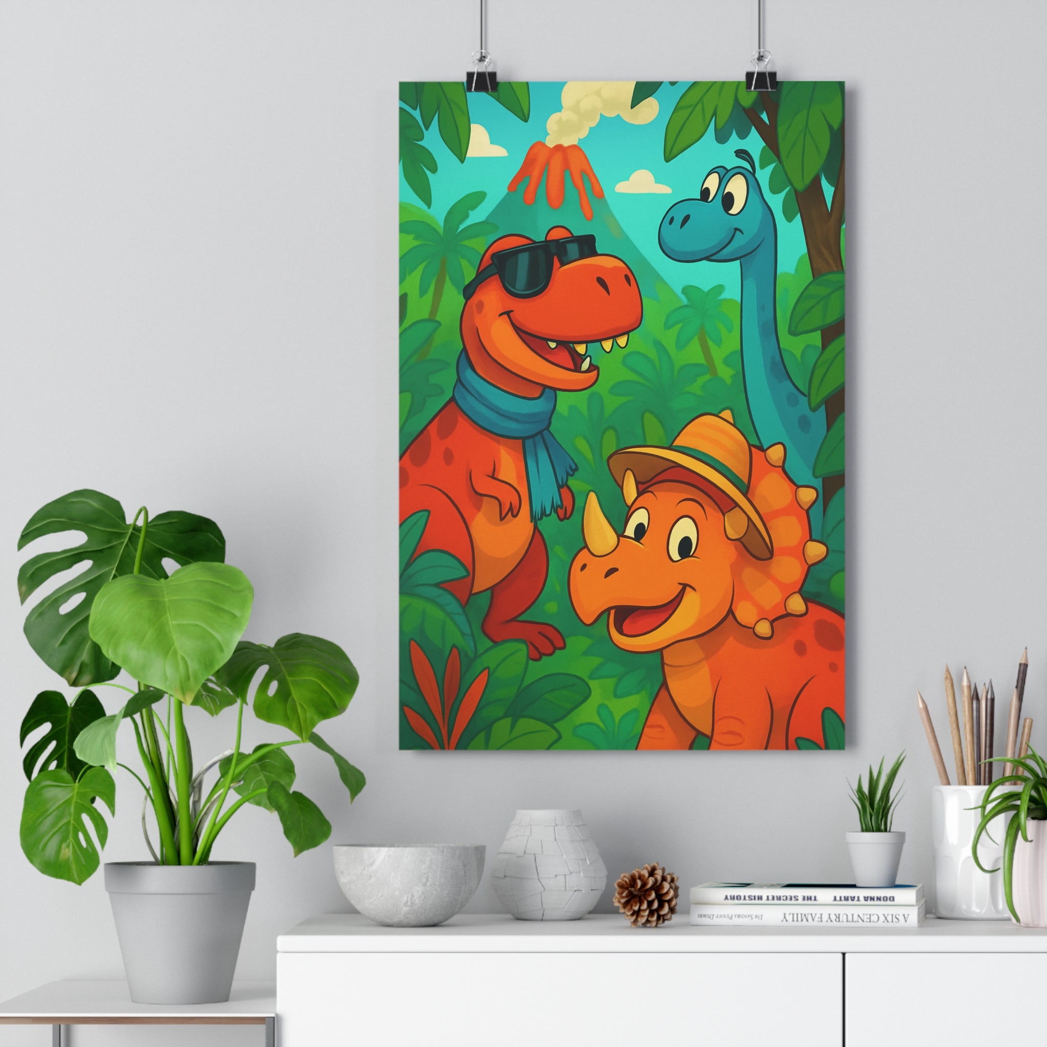 Poster décoratif dinosaures orange cartoon aventure jungle enfants chambre joyeux coloré amusant dynamique mural