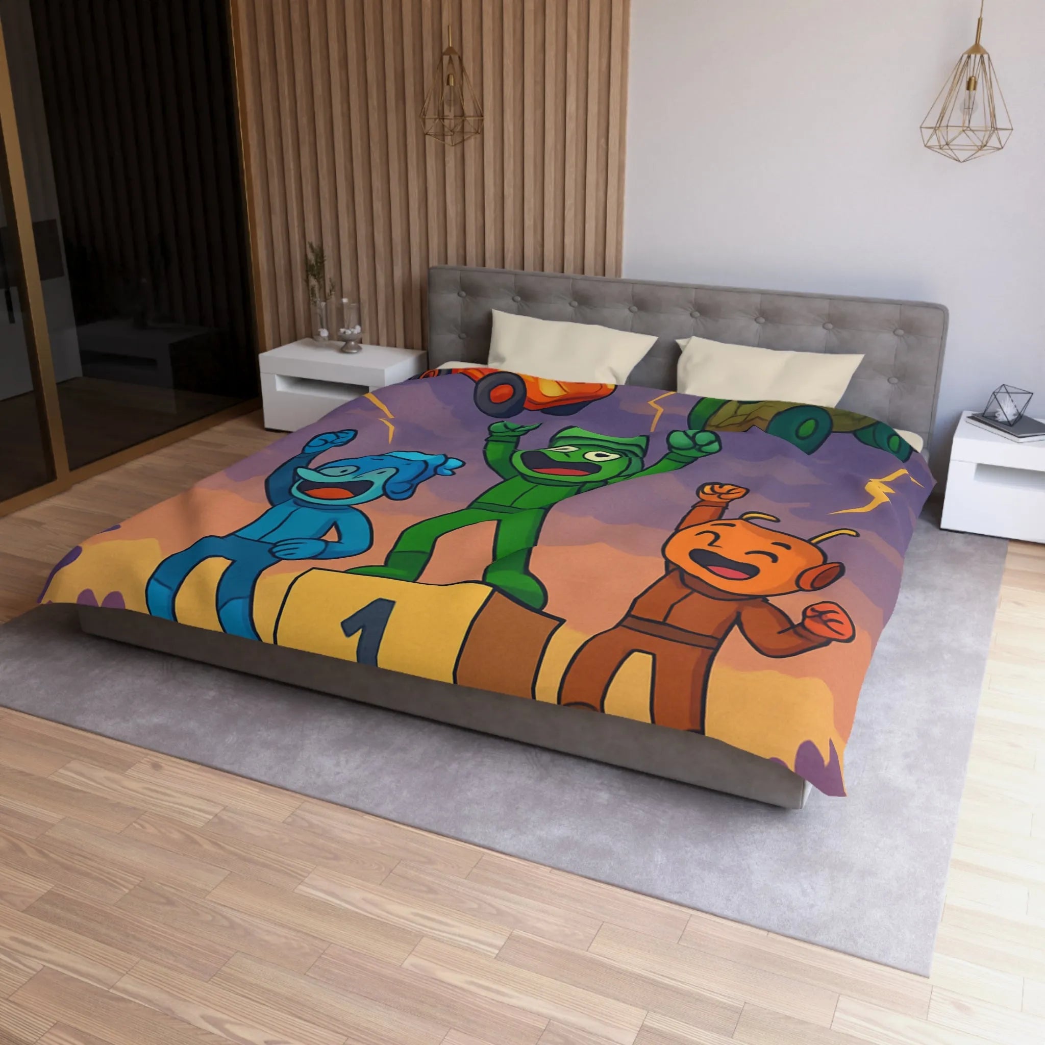 Housse de couette colorée avec podium de victoire et voitures exotiques dessinées