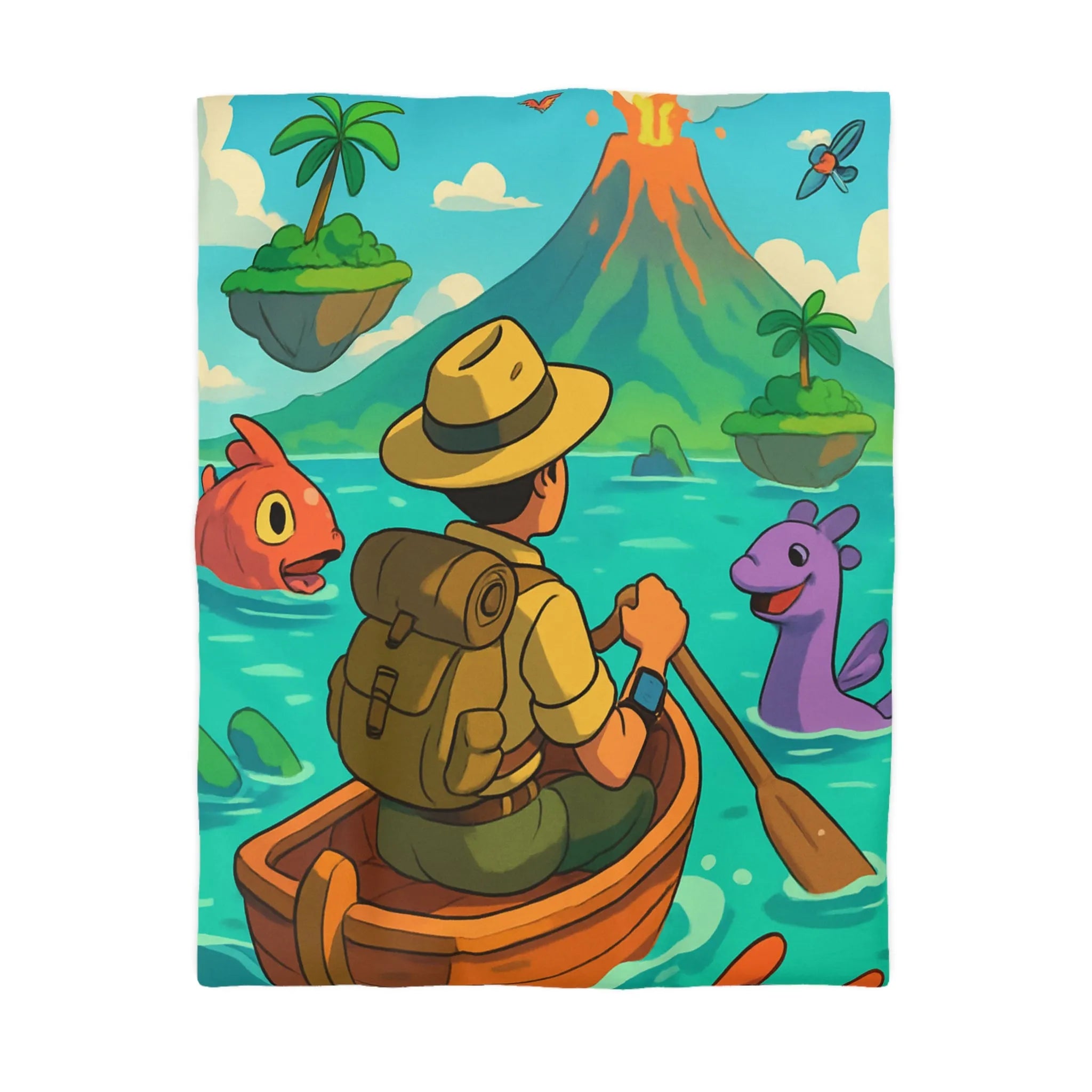 Housse de couette île volcanique exotique avec aventurier et créatures marines colorées