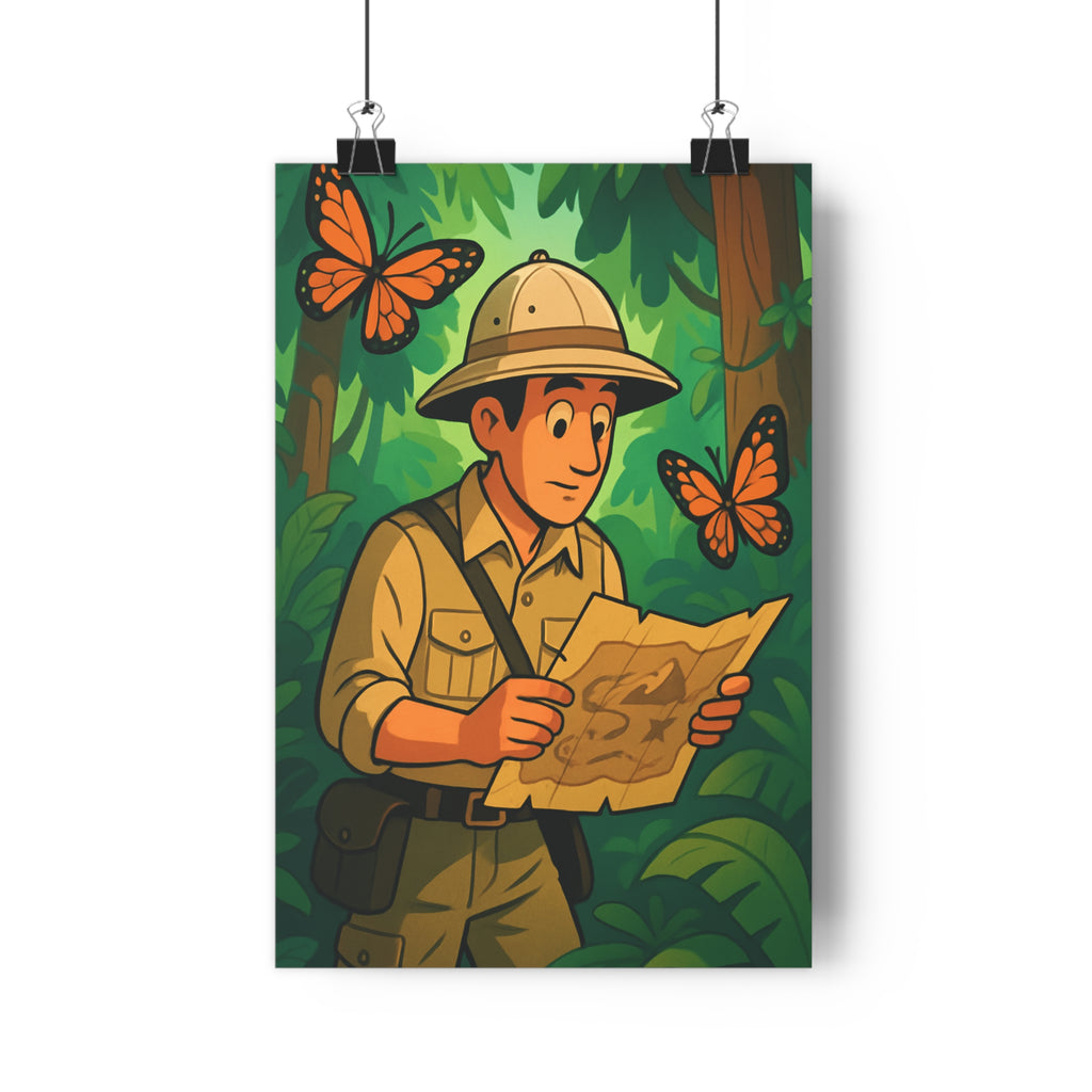 Poster décoratif rétro vert orange aventure jungle explorateur carte papillons chambre bureau 30x46 élégant