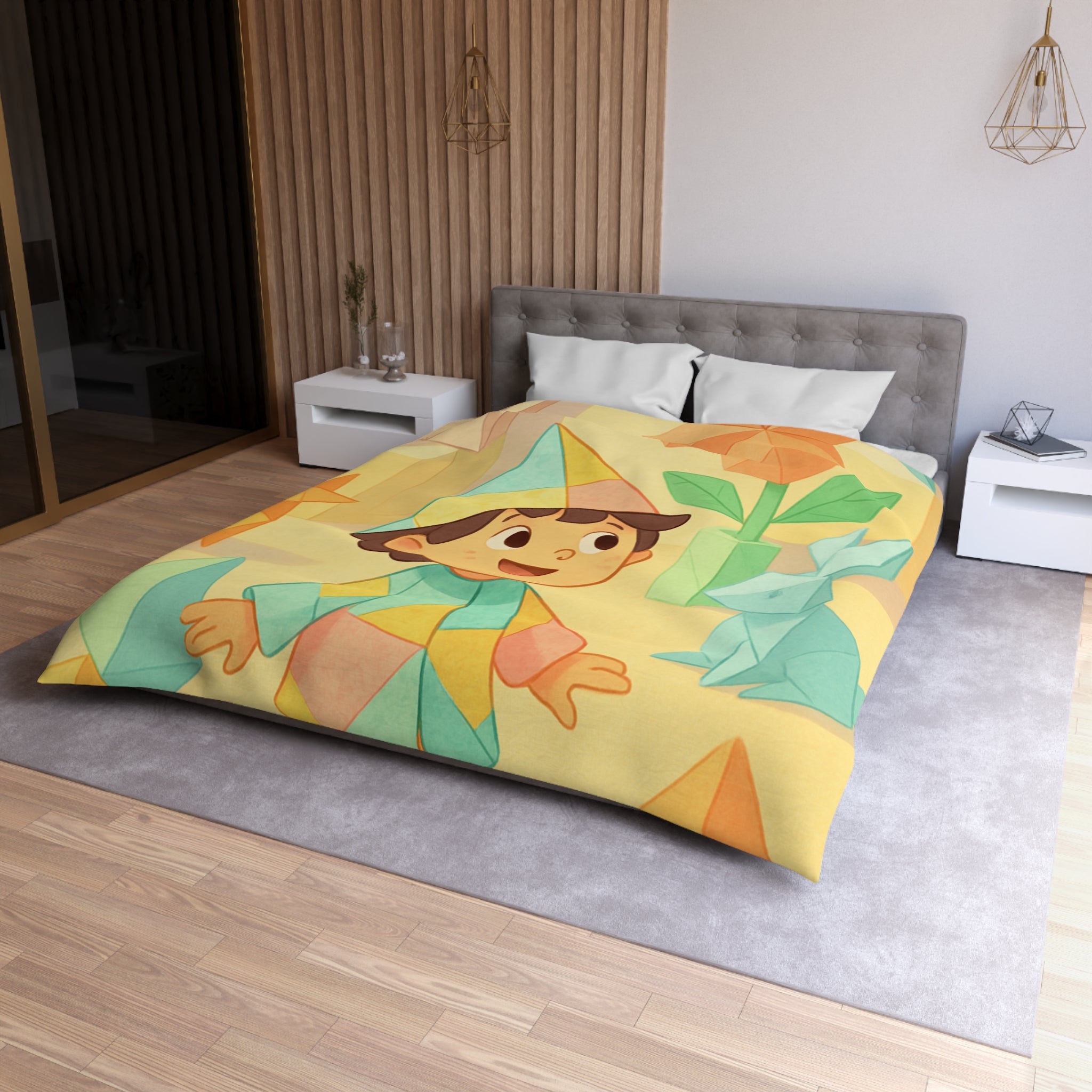 Housse de couette origami multicolore avec motifs enfantins de formes géométriques joyeuses