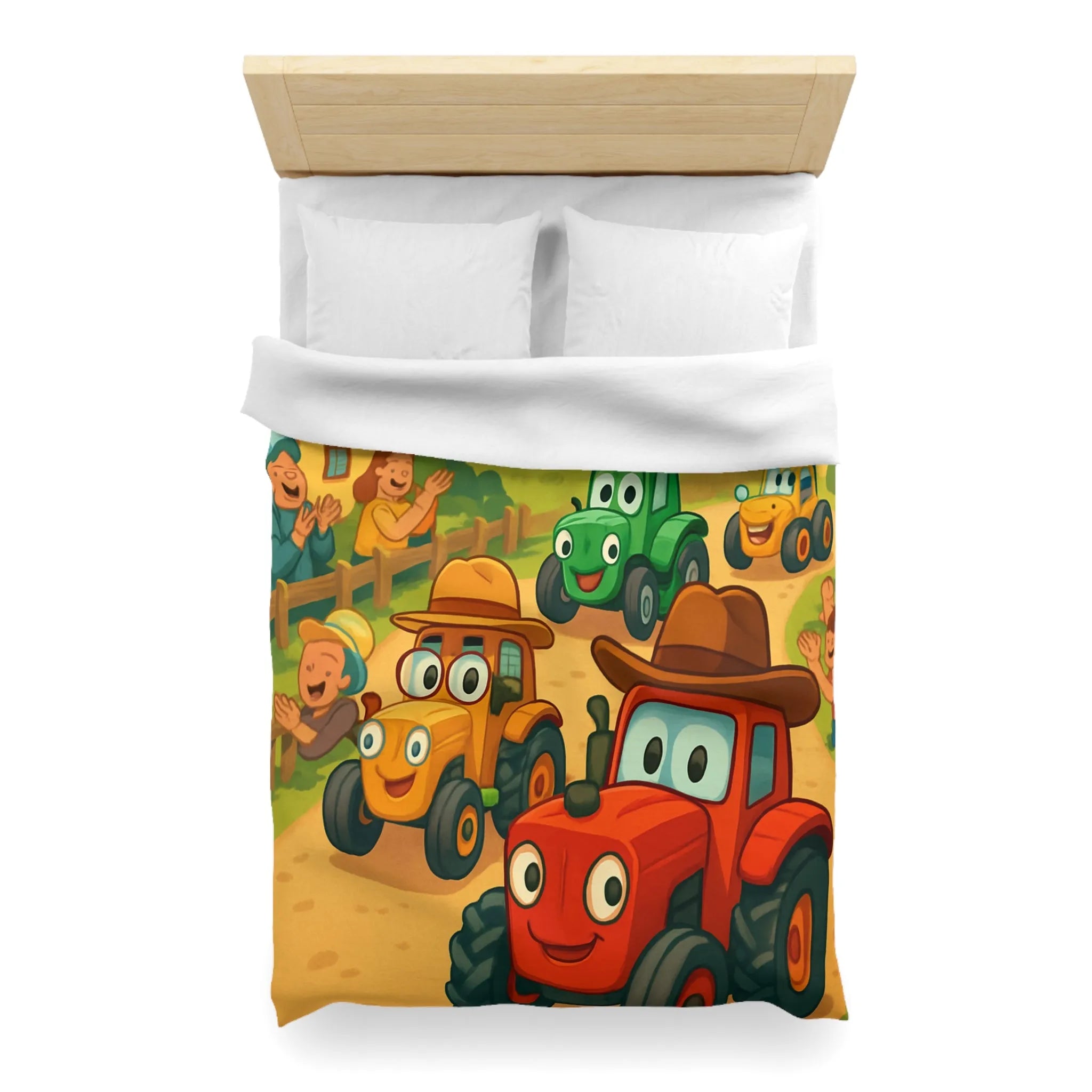 Housse de Couette Enfants Motif Tracteurs Souriants Champs Paysans Ensoleillés et Amusants