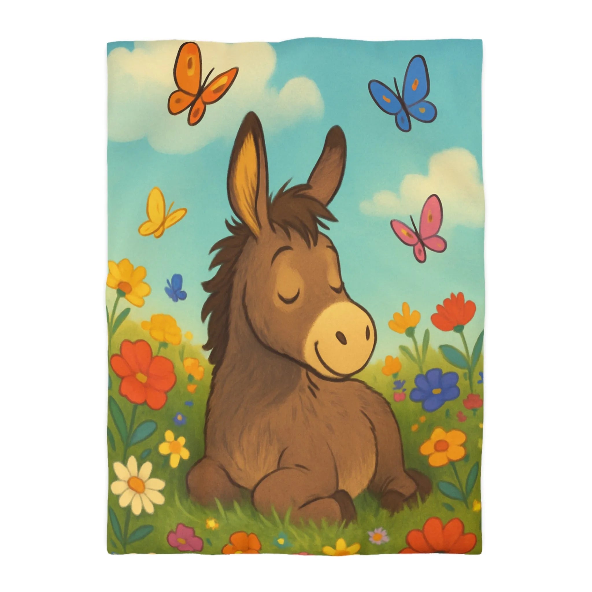 Housse de couette enfant Âne endormi, fleurs colorées et papillons dans un pré