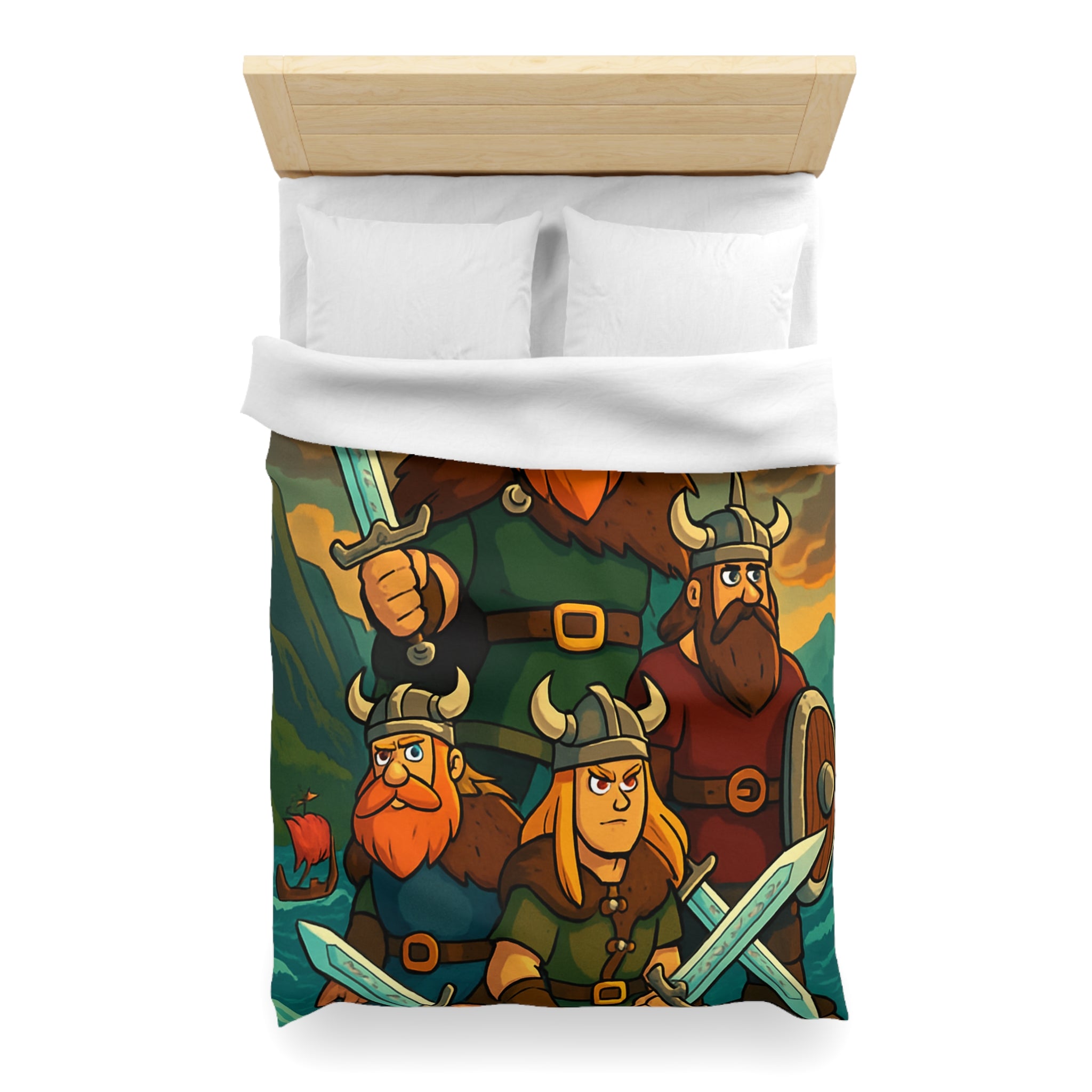 Housse de couette viking épique avec des guerriers et paysage dramatique