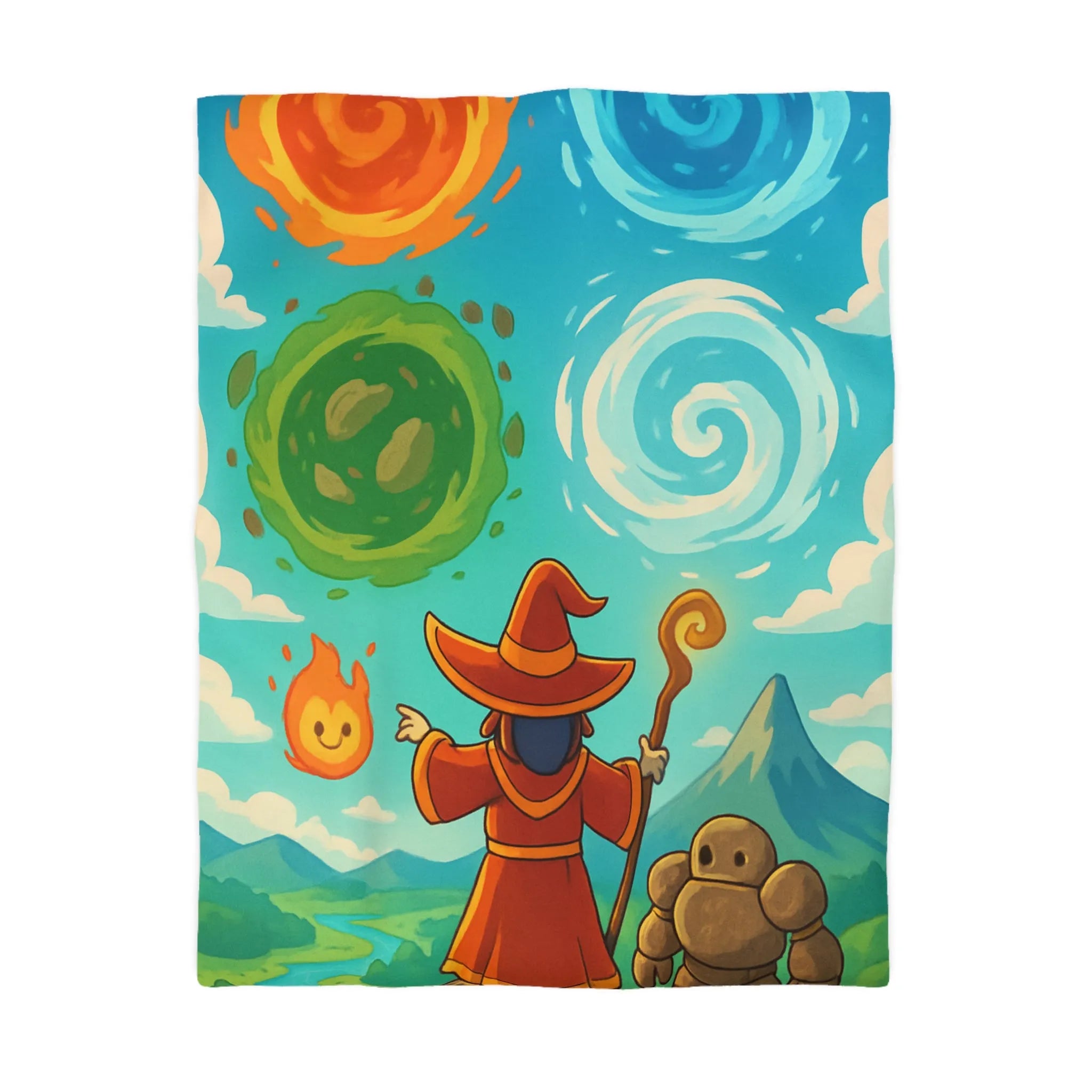 Housse de couette avec illustration magique de sorcier, élémentaires et paysage vibrant