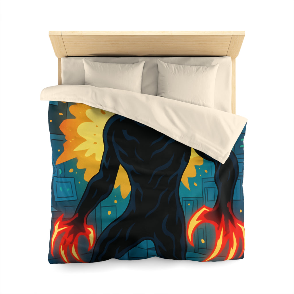 Housse de couette sombre avec créature enflammée aux griffes lumineuses