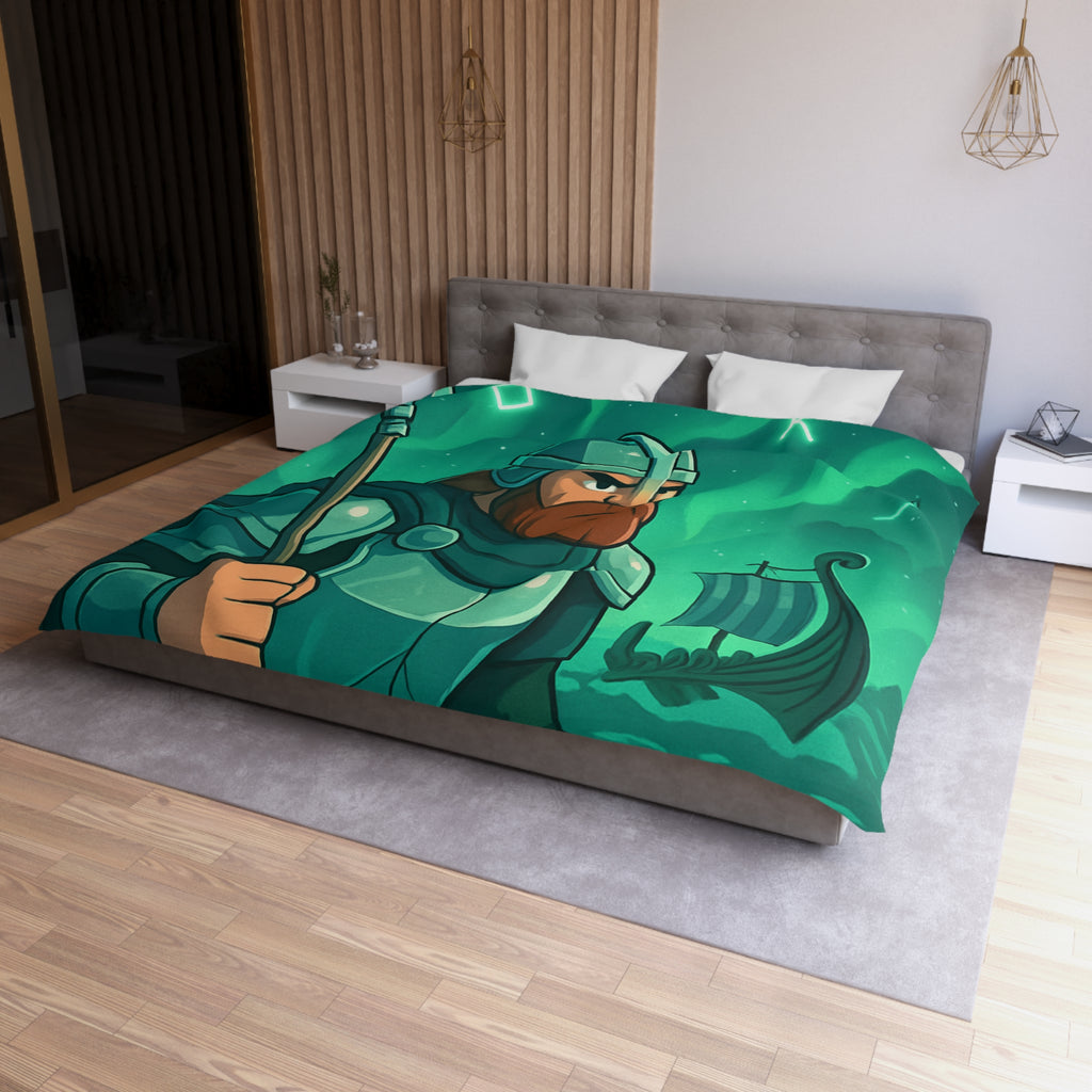 Housse de Couette Viking Vert Émeraude avec Guerrier et Aurores Boréales pour Chambre