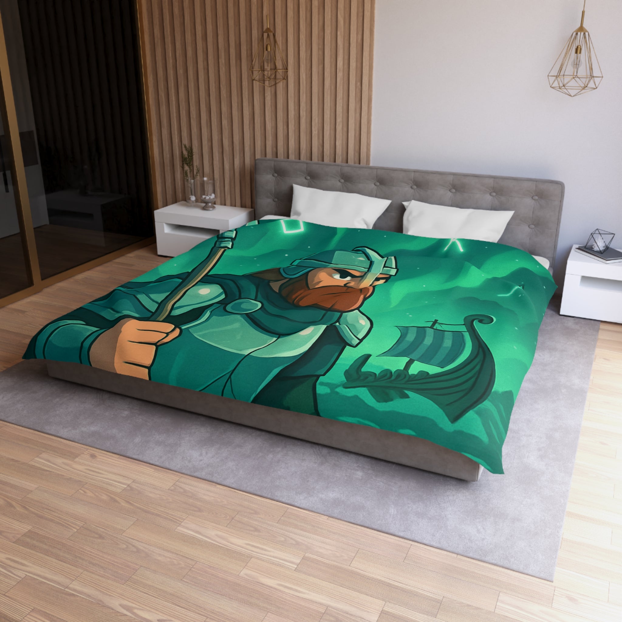 Housse de Couette Viking Vert Émeraude avec Guerrier et Aurores Boréales pour Chambre