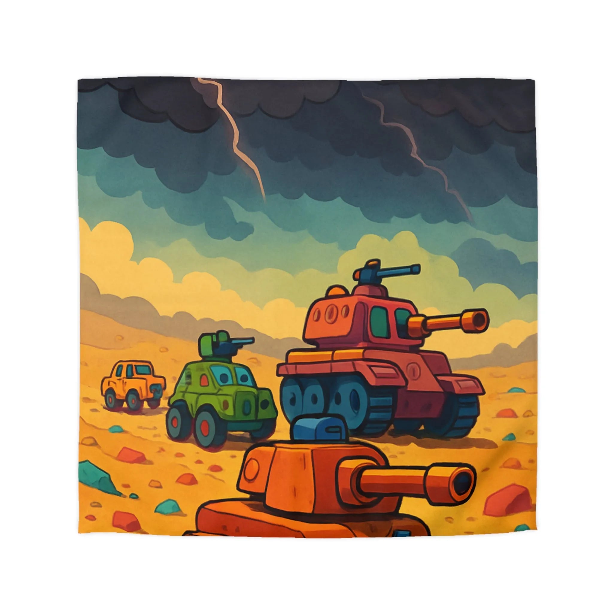 Housse de couette avec tanks colorés sur fond orageux pour chambre enfant unique