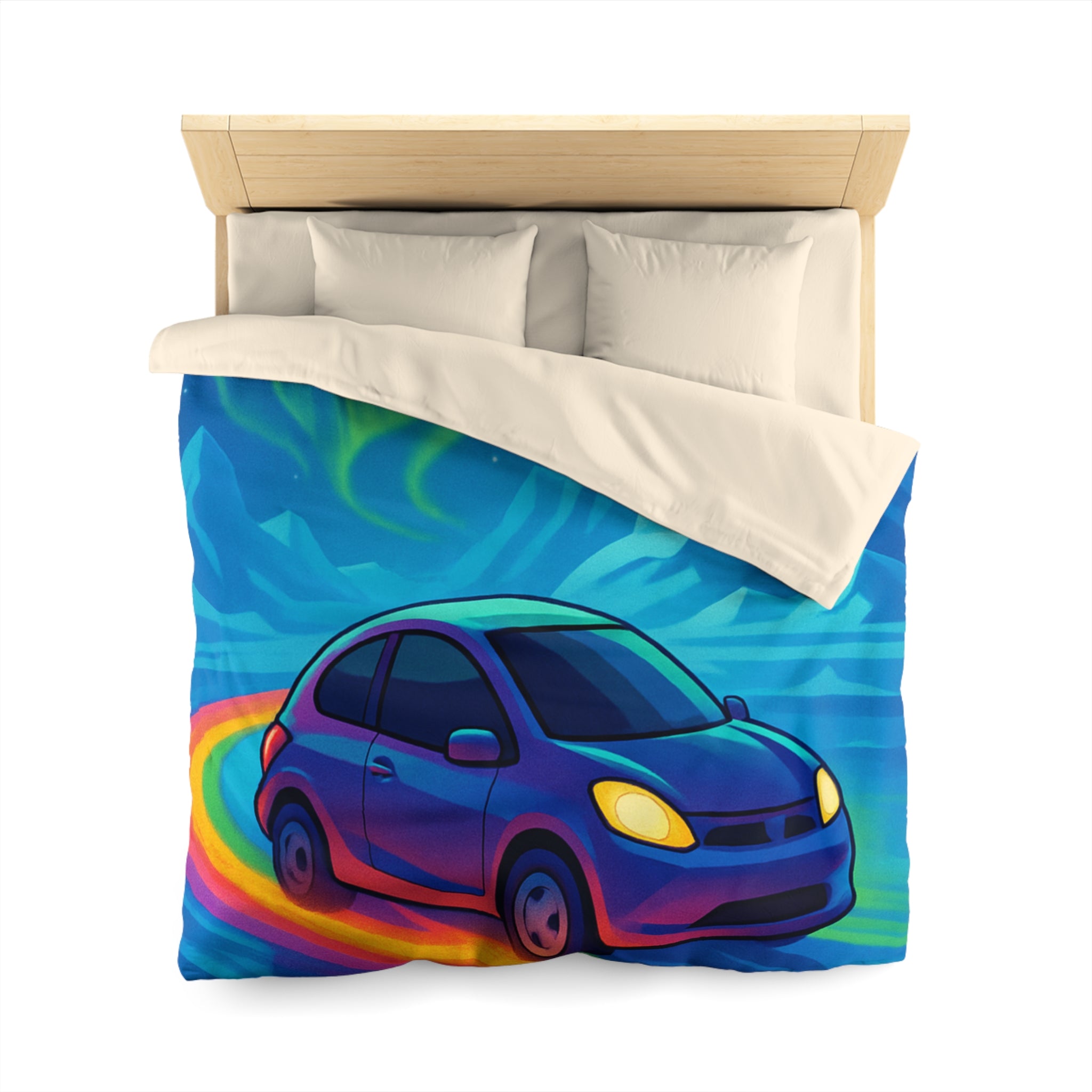 Housse de couette paysage polaire voiture et aurore boréale en couleurs éclatantes