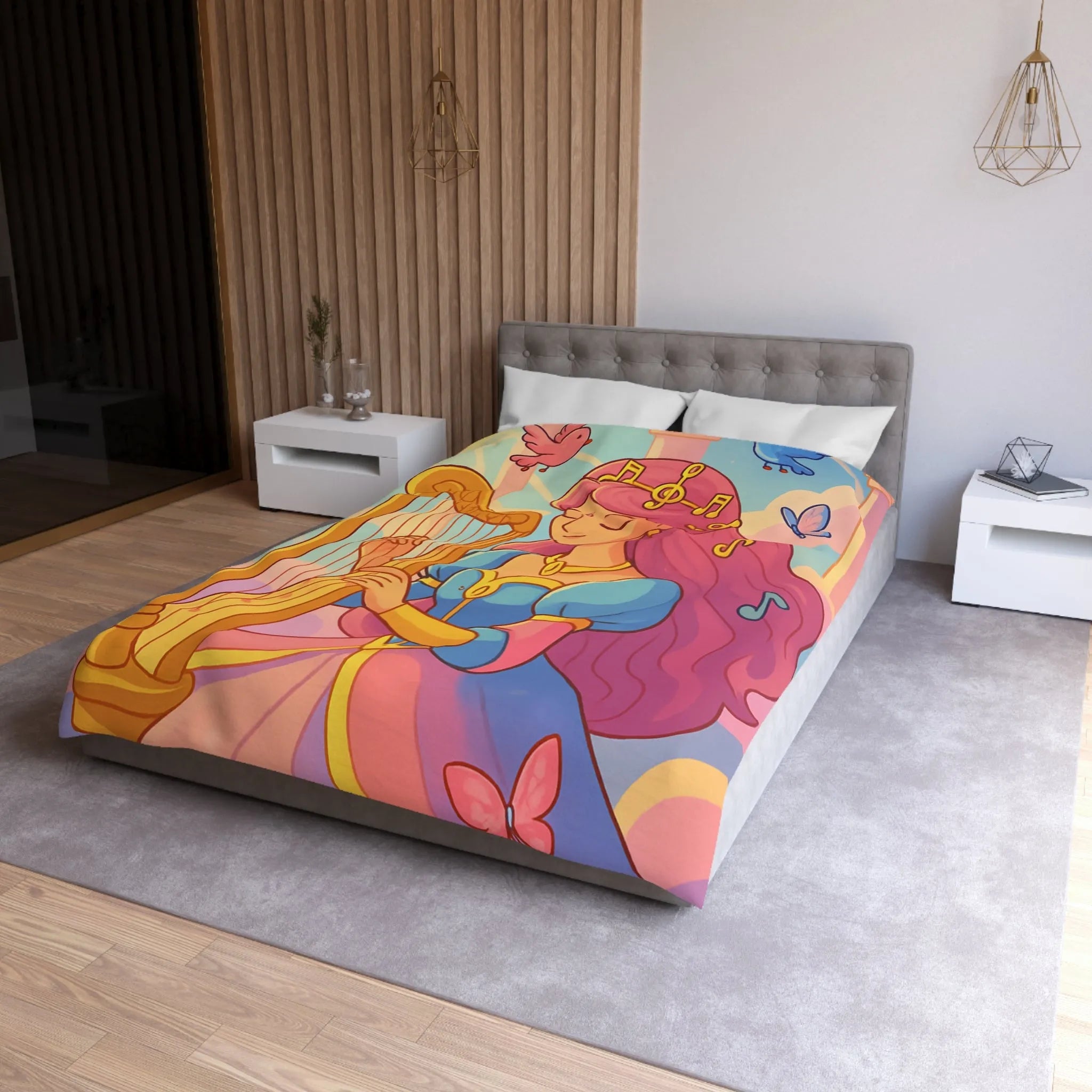 Housse de Couette Magique Princesse Jouant Harpe avec Oiseaux et Papillons Colorés