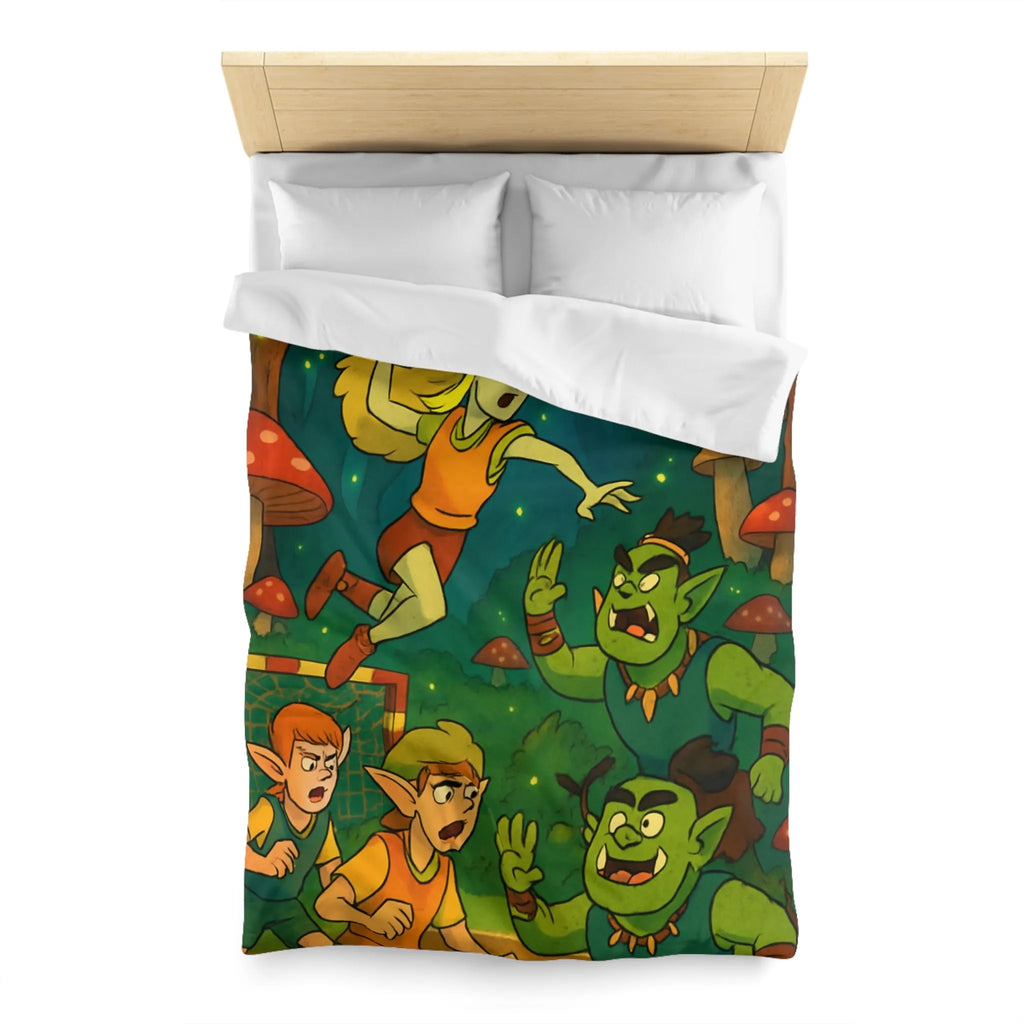 Housse de couette d’elfes joueurs de handball dans une forêt magique illuminée