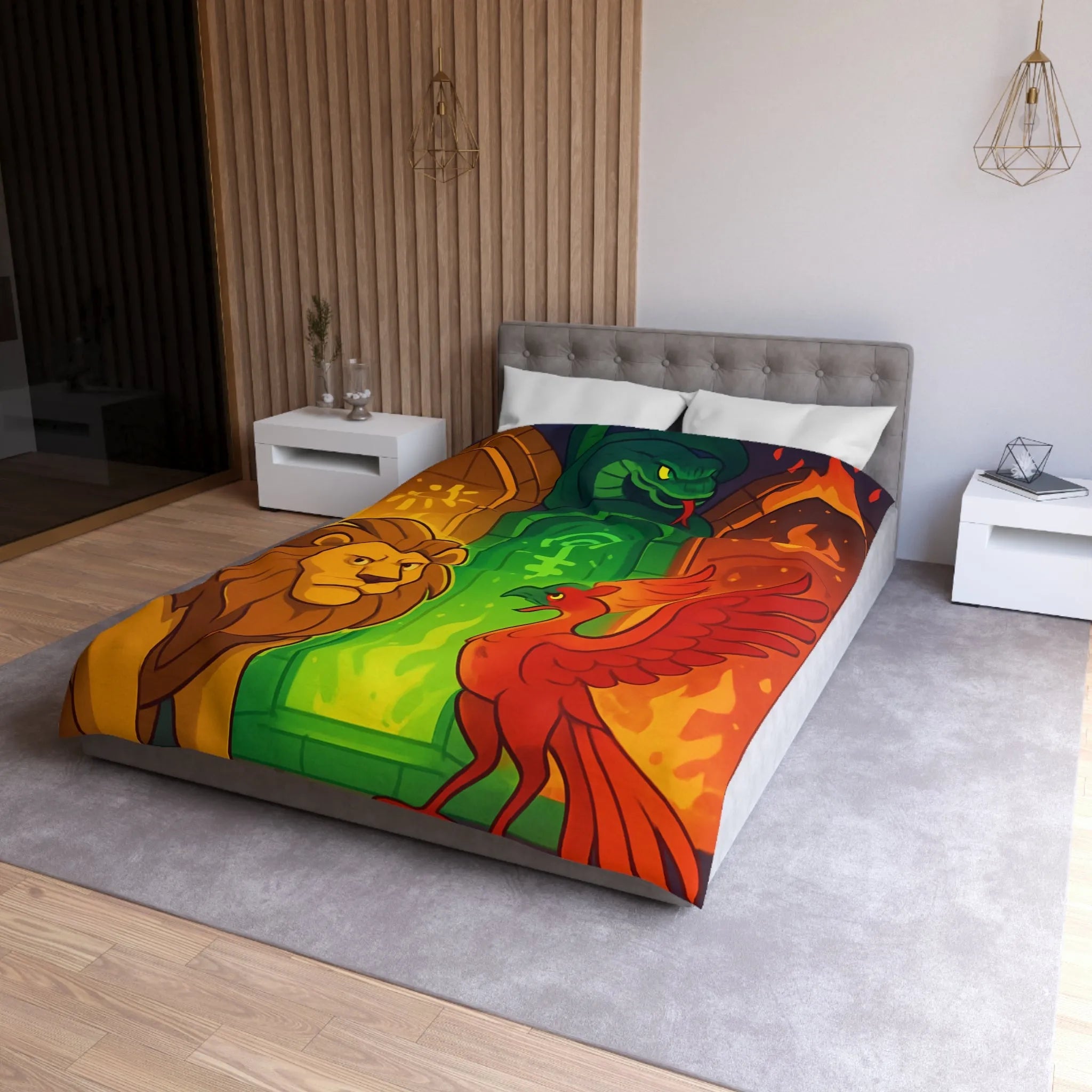 Housse de couette avec motifs lion, serpent et phénix sur fond médiéval magique