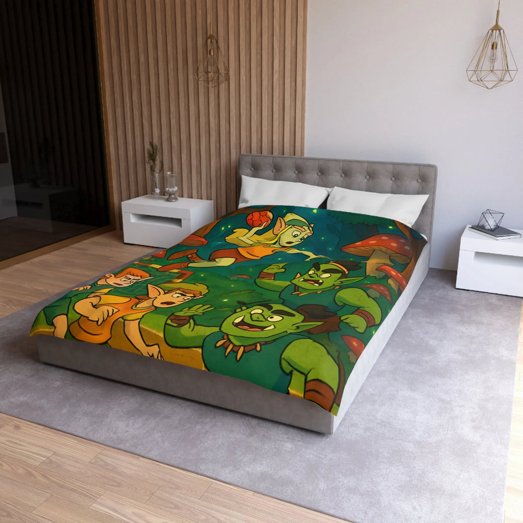 Housse de couette d’elfes joueurs de handball dans une forêt magique illuminée