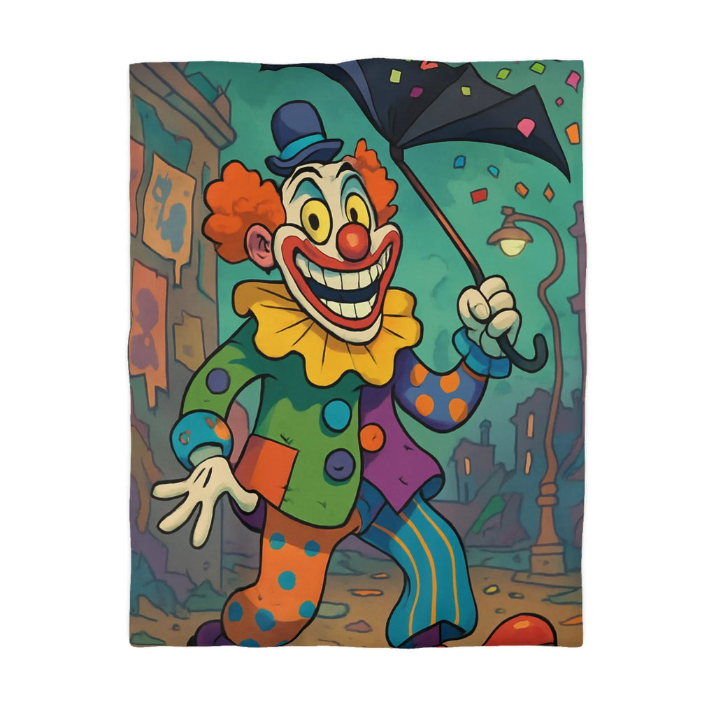 Housse de couette colorée avec clown joyeux et parapluie en pleine ville animée