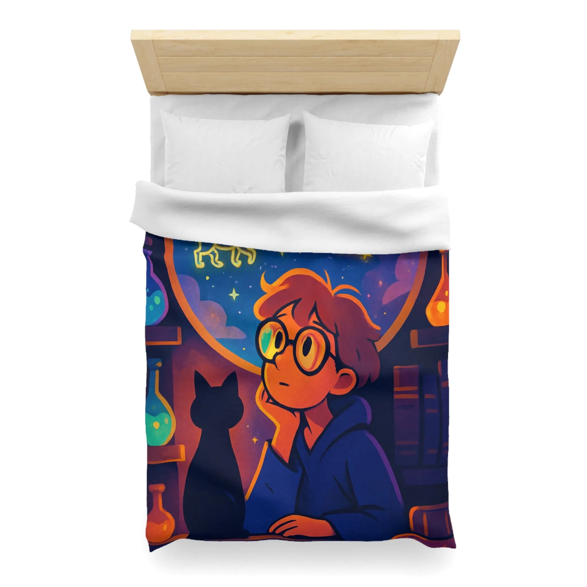 Housse de couette avec jeune rêveur et ciel étoilé magique pour ambiance féerique