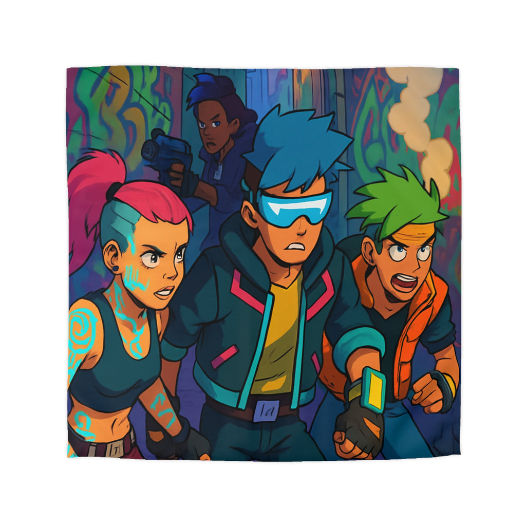 Housse de couette néon rétro avec personnages futuristes dans ruelle urbaine animée