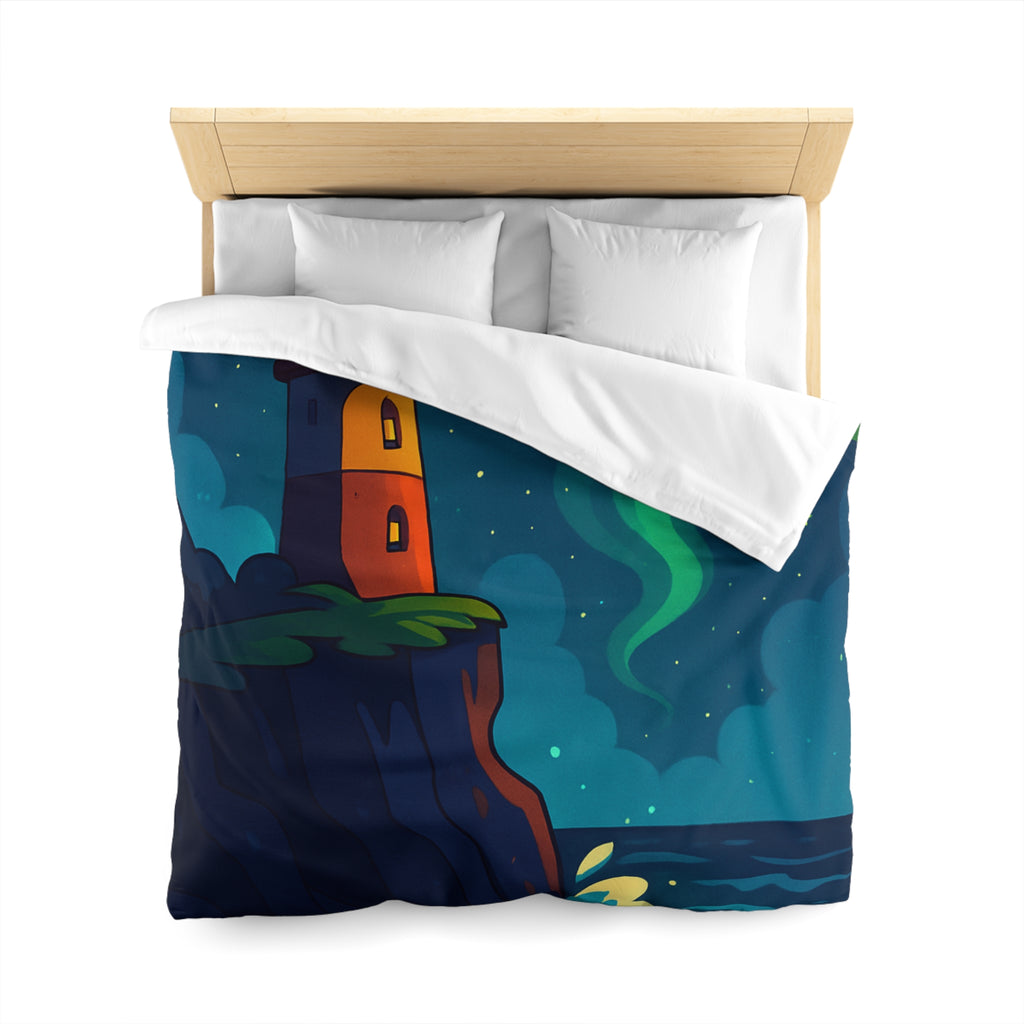 Housse de couette phare rouge illuminant océan étoilé, paysage nocturne inspirant rêve.