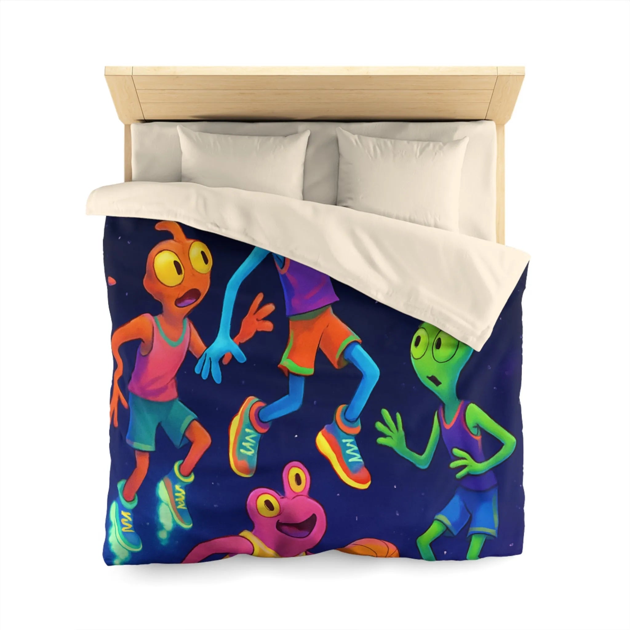 Housse de couette avec extraterrestres jouant au basket, ambiance lumineuse et amusante