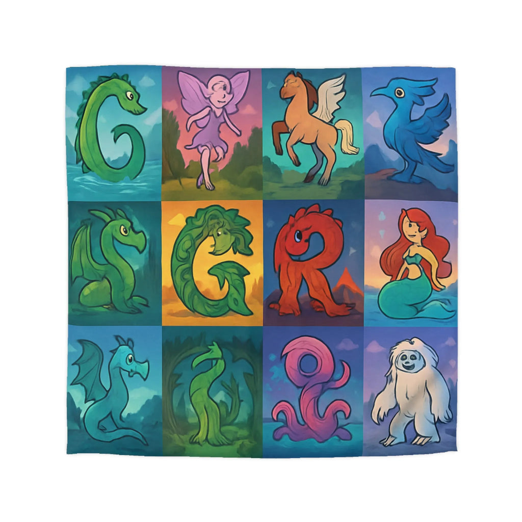 Housse de couette enchantée avec lettres magiques et créatures mythiques colorées