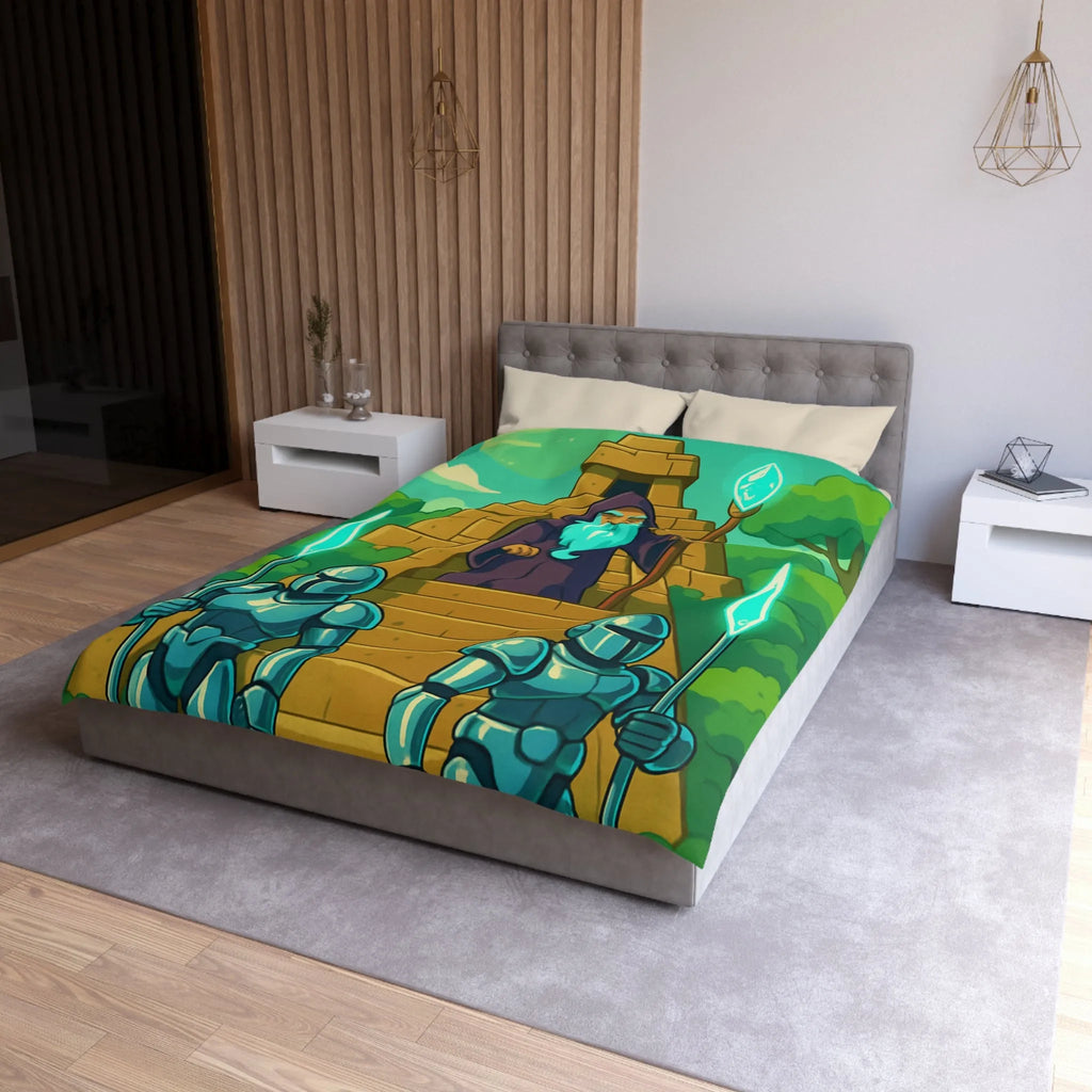 Enchanted Pyramid Landscape with Wizard and Glowing Guardians for Magical Bedding Decor
