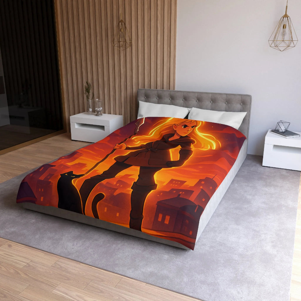 Housse de Couette Fantaisie Aventureuse Avec Guerrière et Chat Noir Sur Fond Urbain