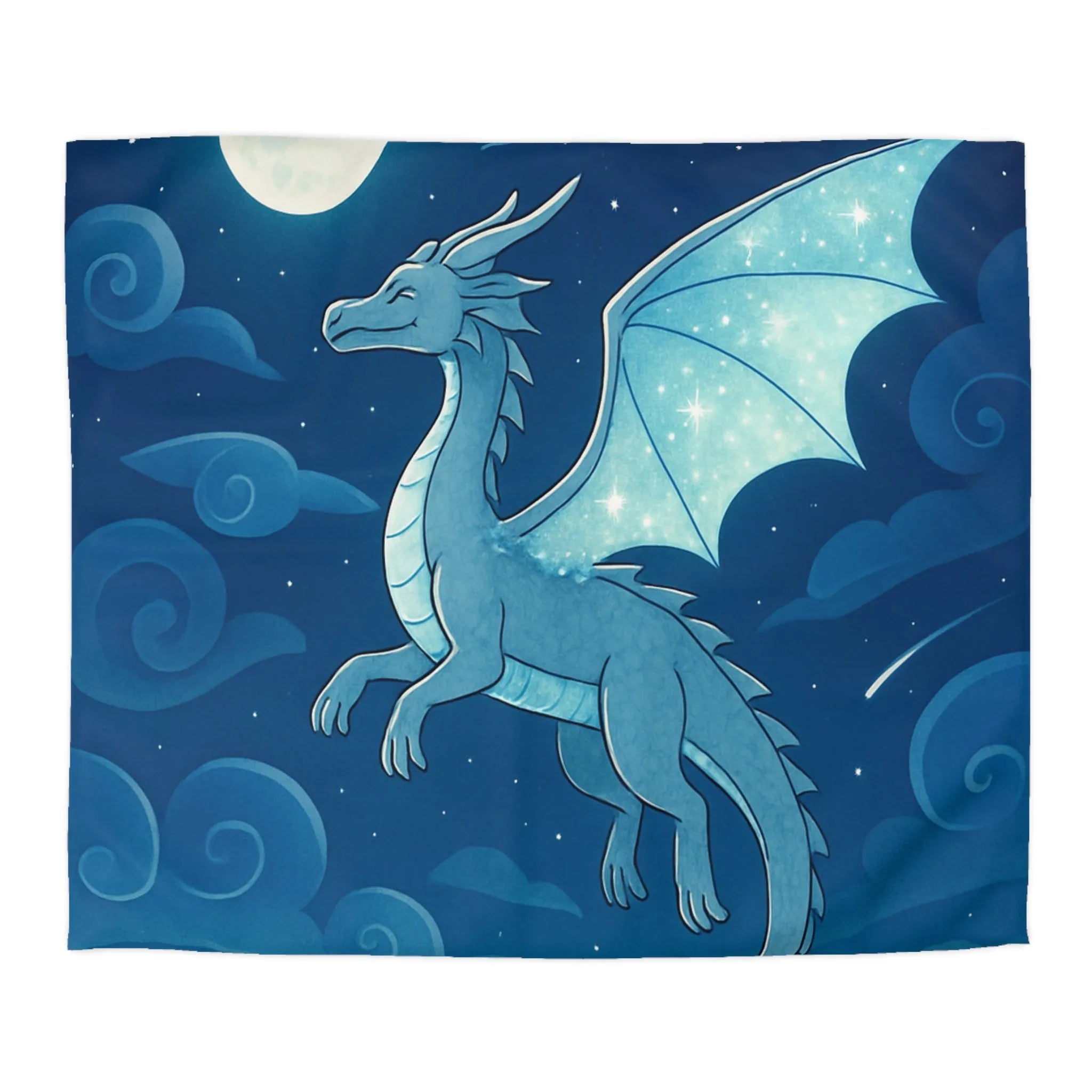 Housse de couette avec dragon bleu étincelant volant sous lune et étoiles scintillantes