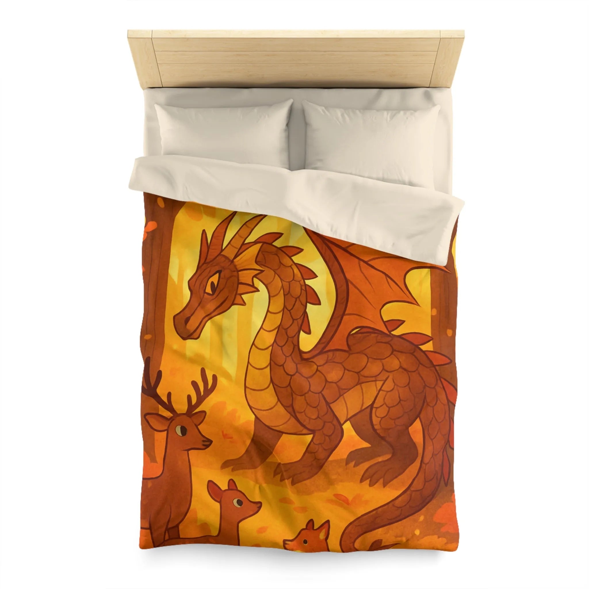 Housse de couette dragon feuille automne avec renards et cerfs en forêt magique
