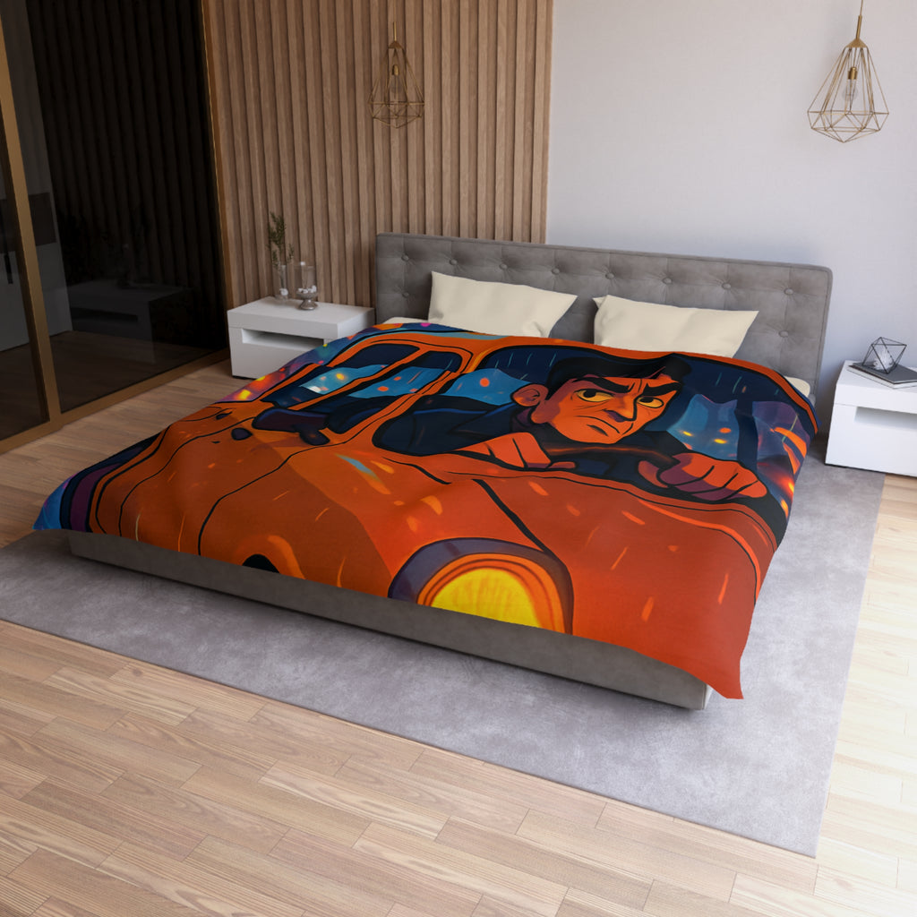 Illustration Nocturne Métropole avec Chauffeur de Taxi sous Pluie pour Housse de Couette