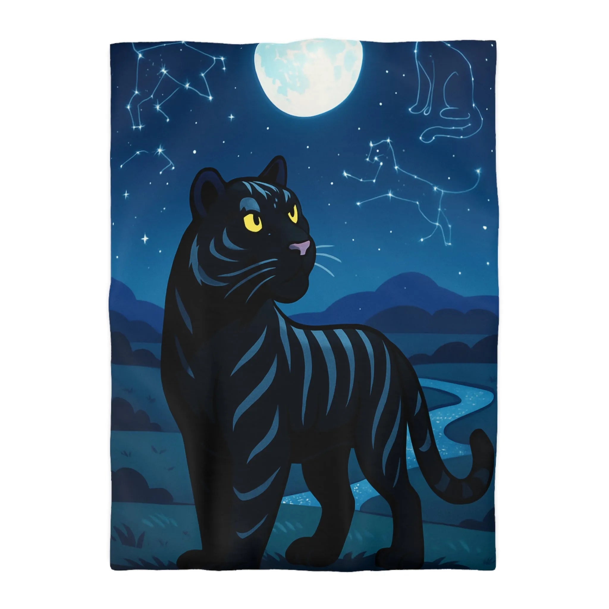 Housse de couette étoilée : Chat noir constellé sous une pleine lune éclatante