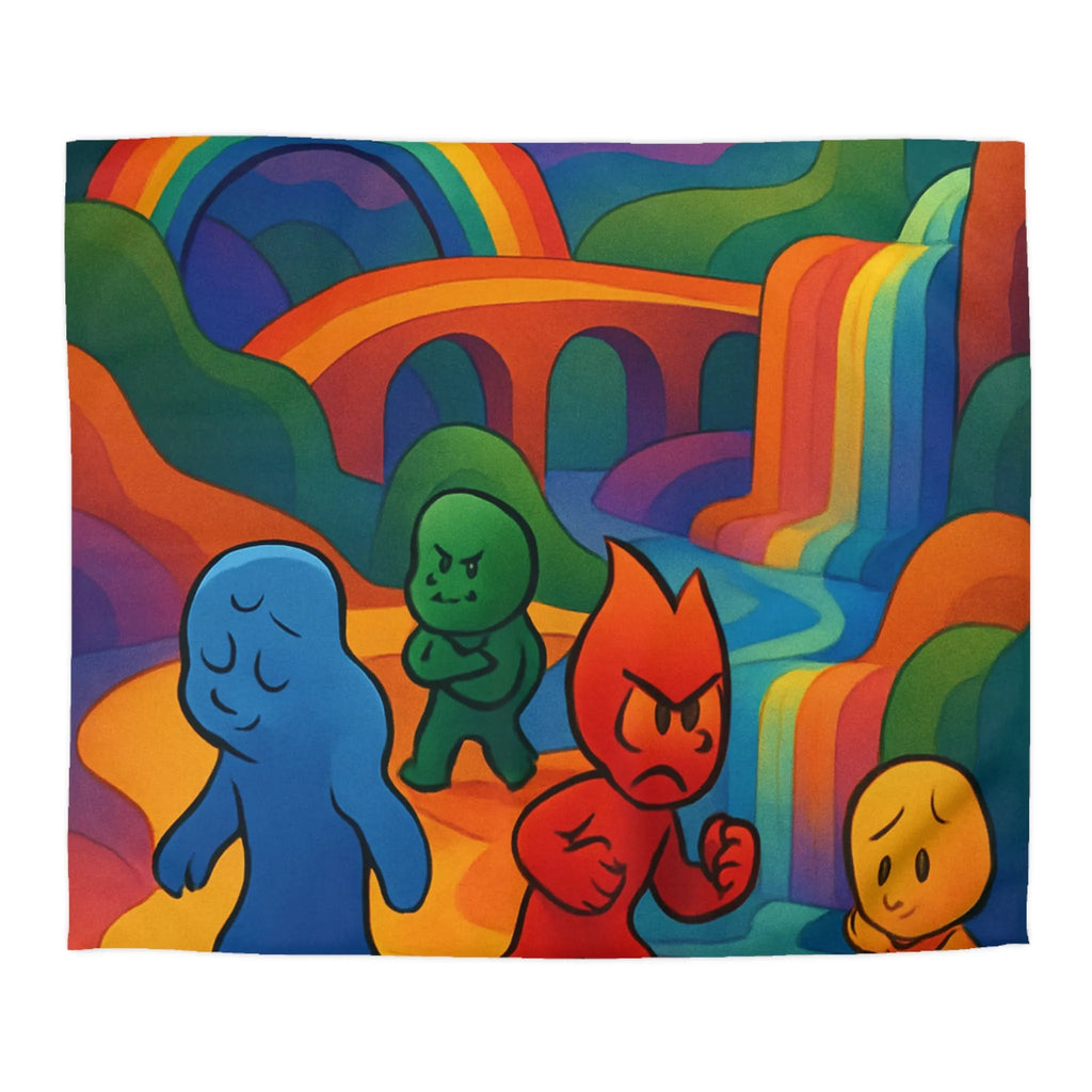 Housse de couette arc-en-ciel vibrante avec personnages colorés et cascade sereine