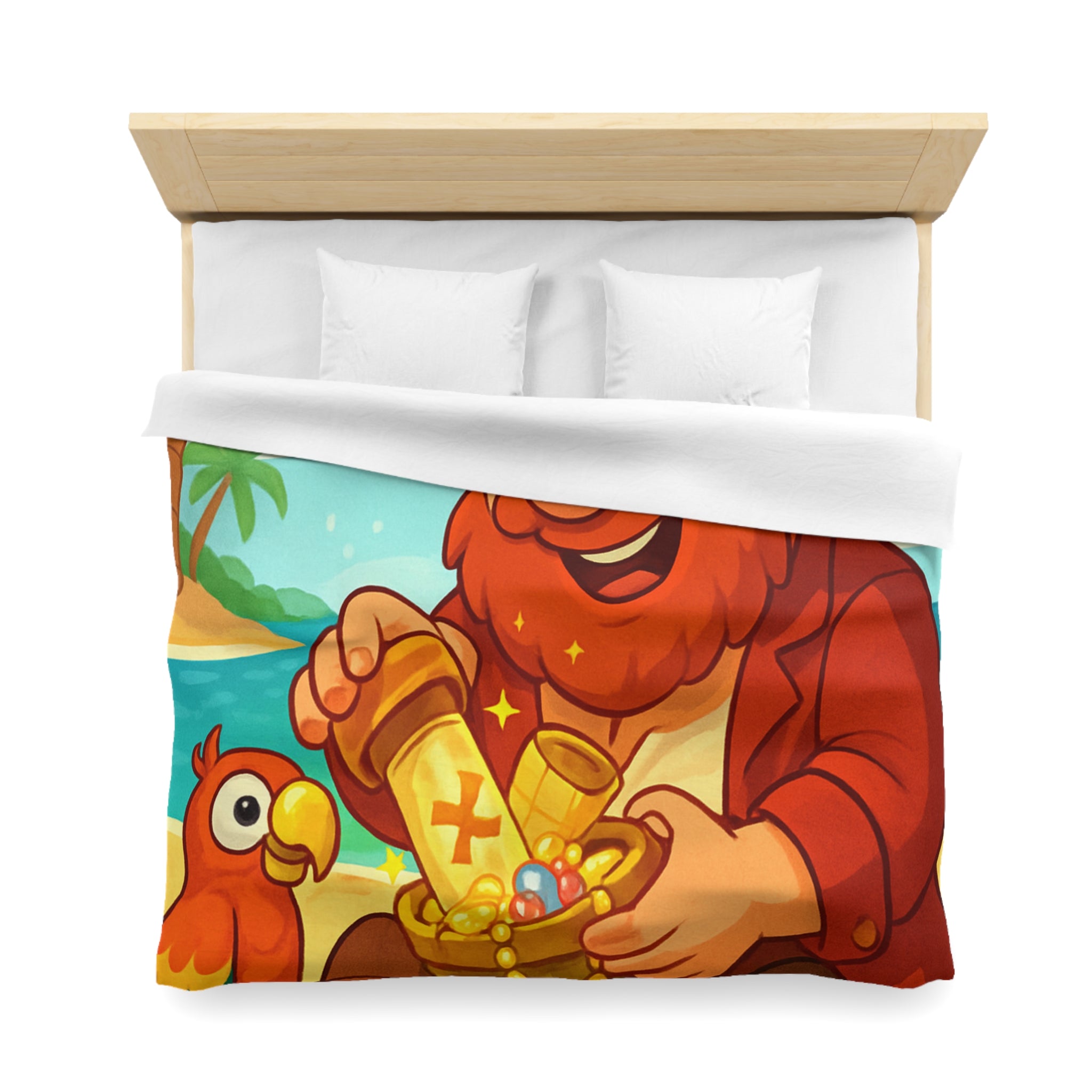 Housse de couette pirate joyeux trésor plage, perroquet coloré, mer et palmiers