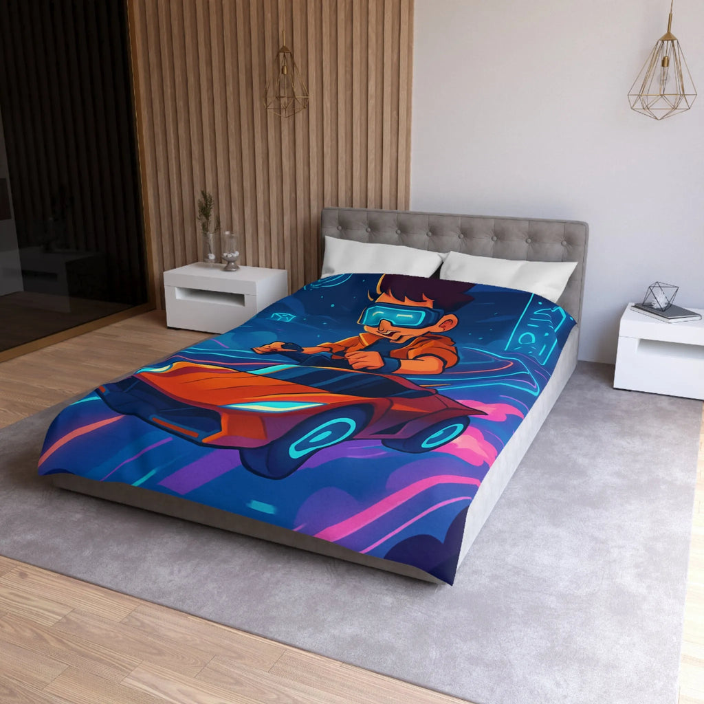 Housse de couette aventure virtuelle : joueur futuriste avec voiture de course dynamique et colorée