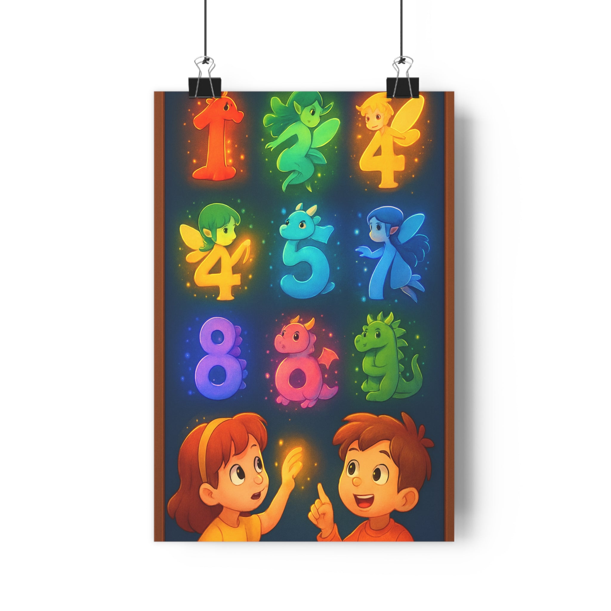 Poster décoratif magique enfants chiffres colorés rouge vert bleu violet créatures fantastiques chambre joyeuse