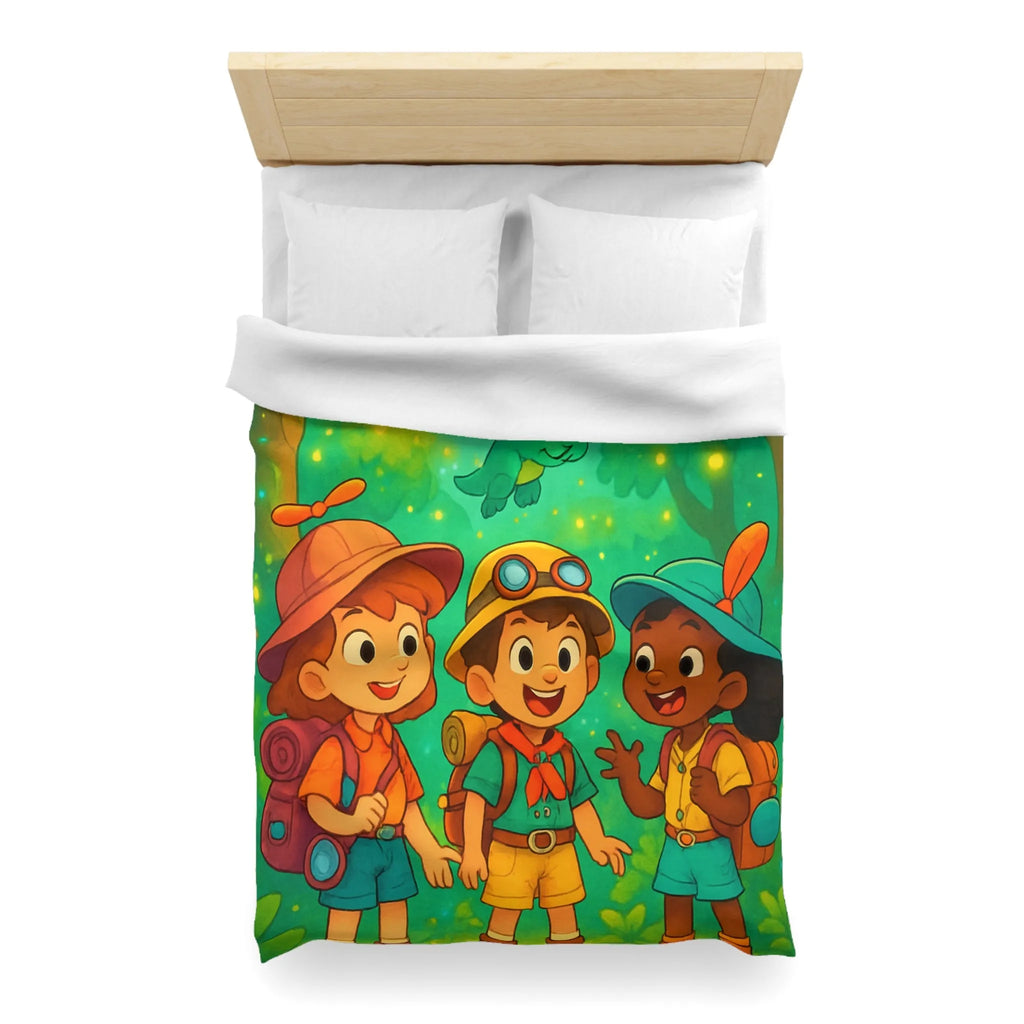 Housse de couette enfants aventure forêt avec dragons et jeunes explorateurs joyeux